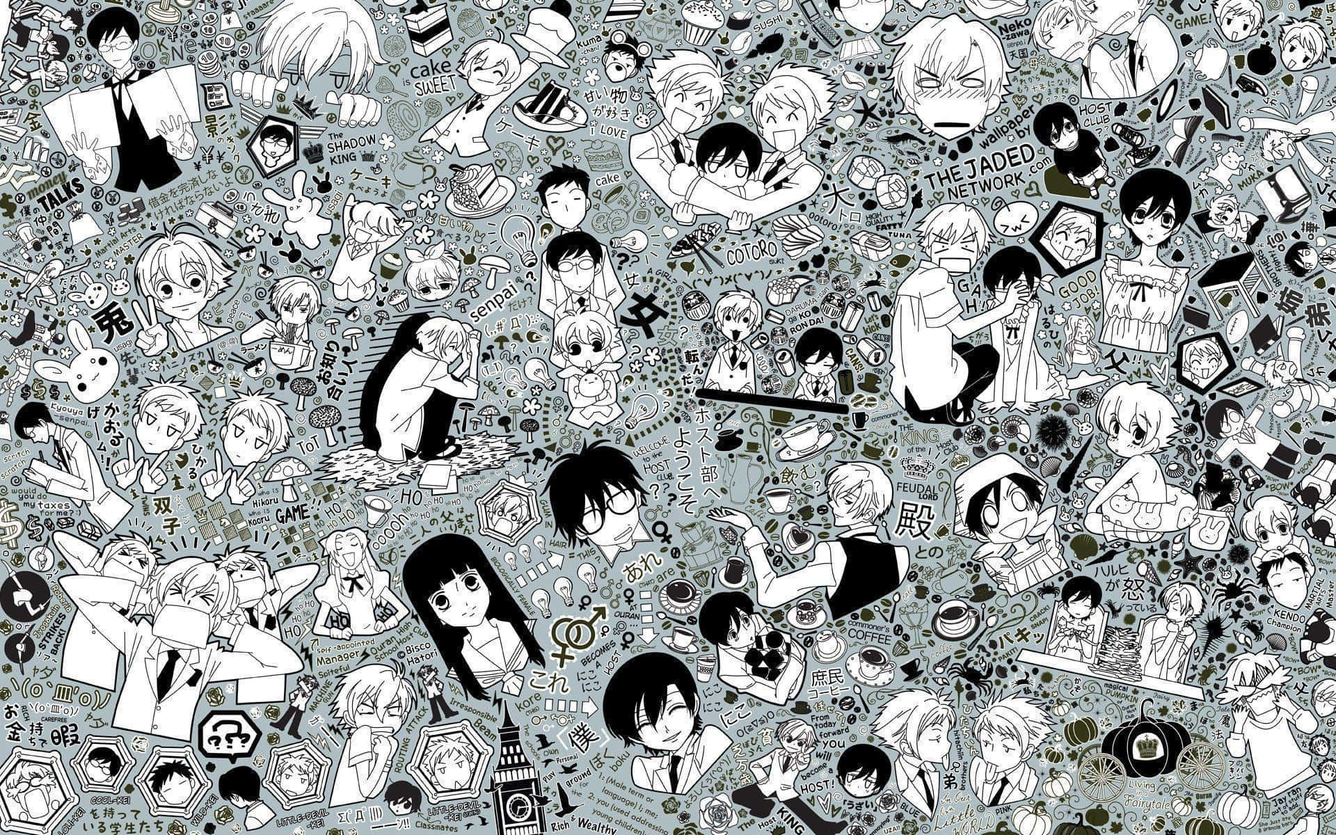 森田孝之在《Ouran High School Host Club》中自信站立 壁紙 — 密集的動漫角色和流行文化圖標拼貼，黑白配色帶灰色點綴。
