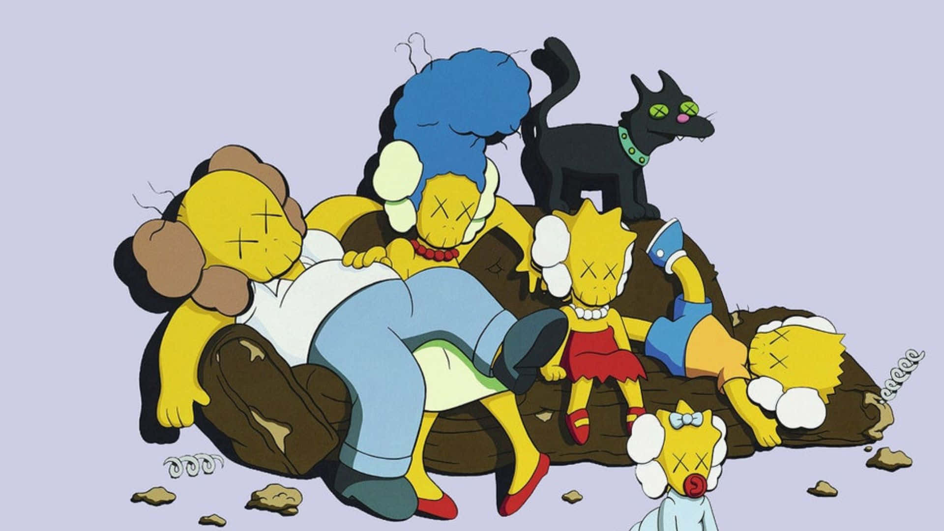 Kaws The Simpsons 桌布 壁紙 — 森遜一家和他們的貓被描繪成在梳化上睡覺，眼睛呈X形，風格化的卡通藝術風格。