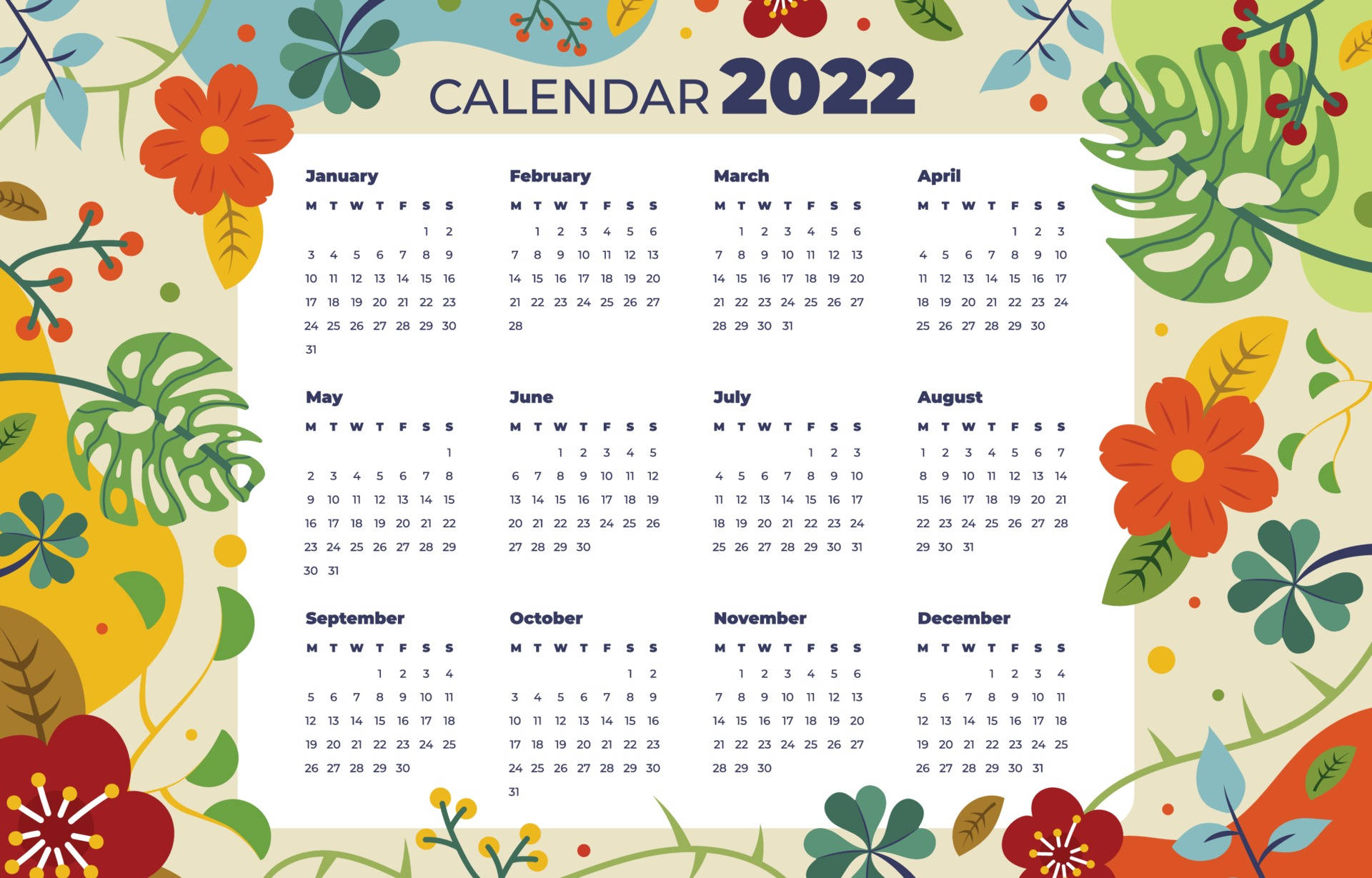 植物2022年曆 壁紙 — 一個色彩繽紛的2022年月曆，周圍環繞著鮮豔的熱帶花卉和葉子，背景為淺色。