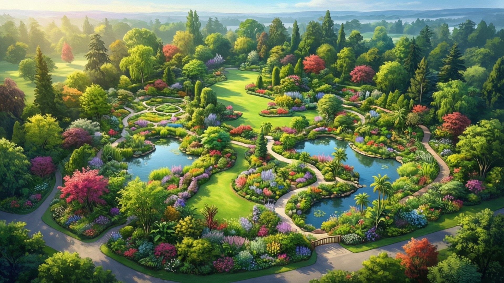 一個鬱鬱蔥蔥的花園，有蜿蜒的小徑、池塘和色彩繽紛的花朵，沐浴在金色的晨光下。