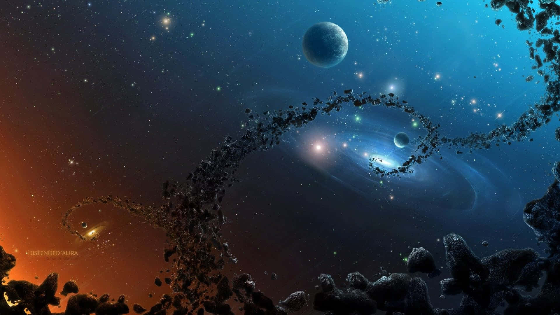 一個旋轉的小行星帶環繞著發光的星雲，構成色彩繽紛的宇宙場景。