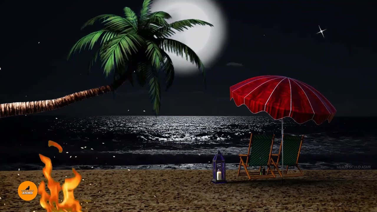 椰子樹月光夜灘圖 壁紙 — 寧靜的月光海灘場景，有棕櫚樹、紅色遮陽傘和躺椅，旁邊有篝火，星空下。