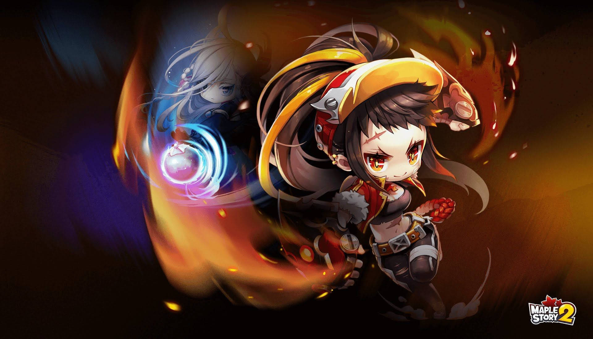 動漫遊戲角色以火焰和魔法效果戰鬥。