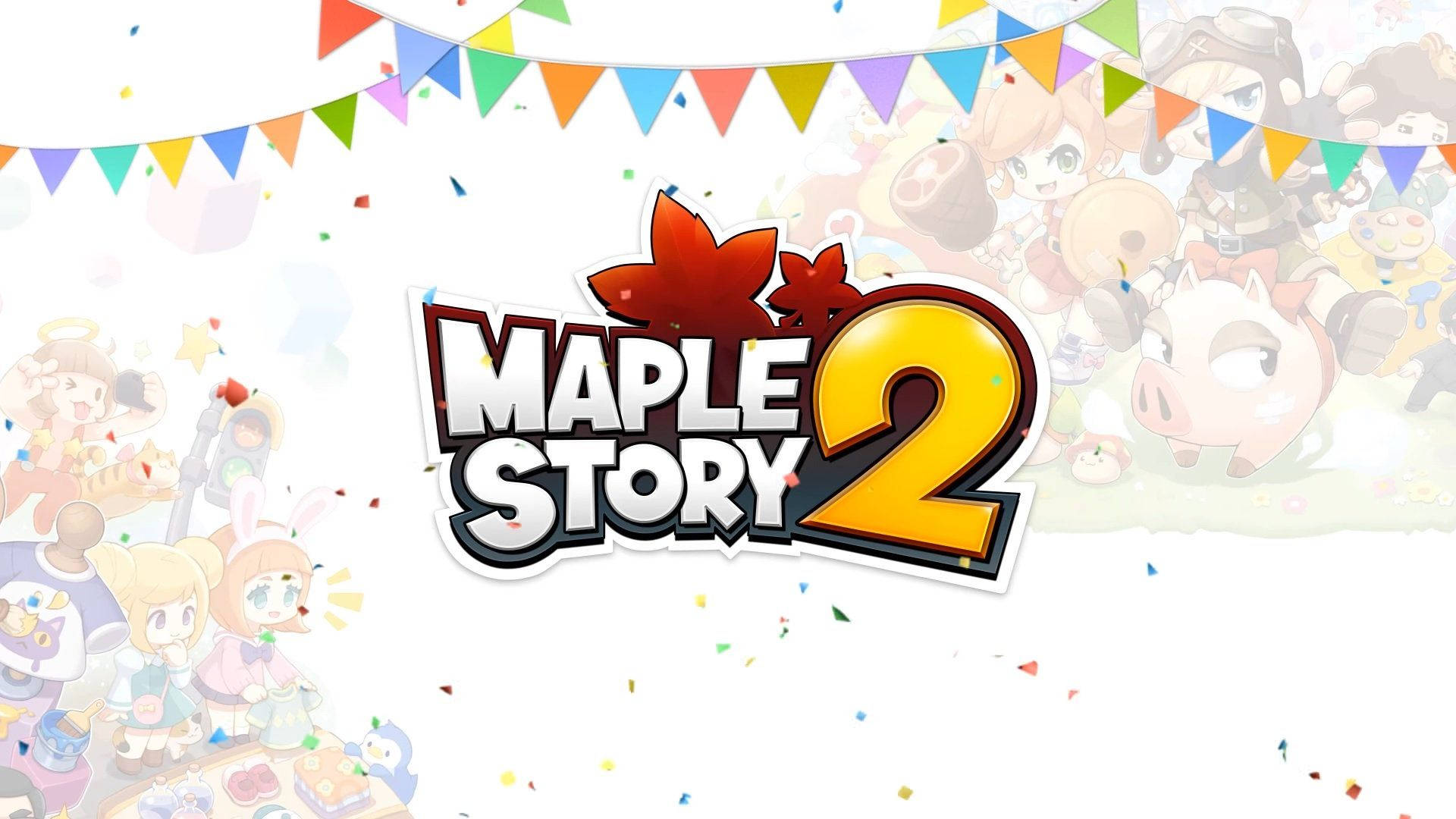 Maple Story 2遊戲標誌，帶有節日人物和紙屑。