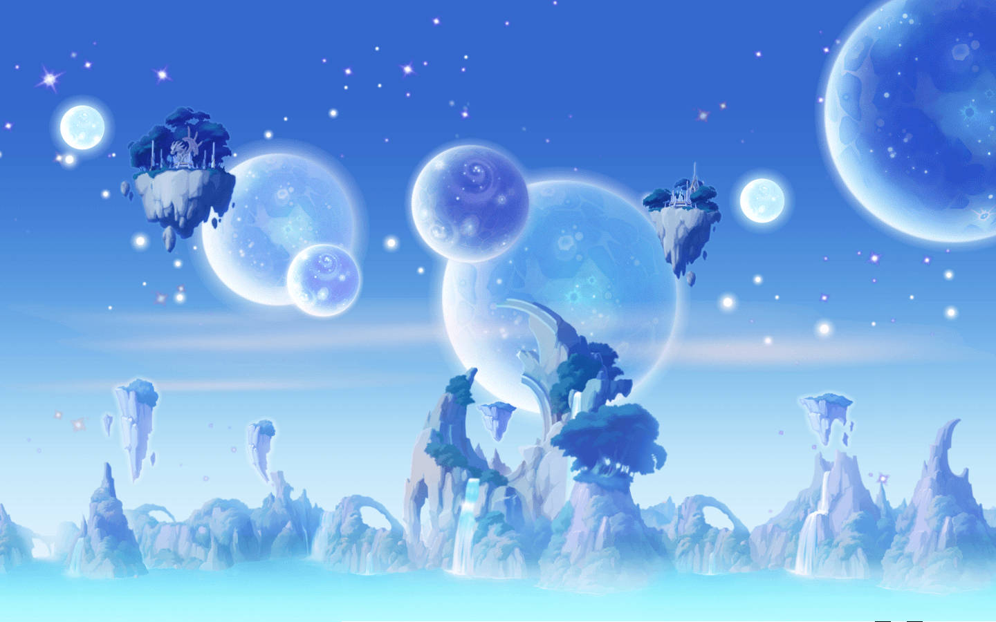 在星空下，寧靜的外星景觀，有浮島和發光的月亮。