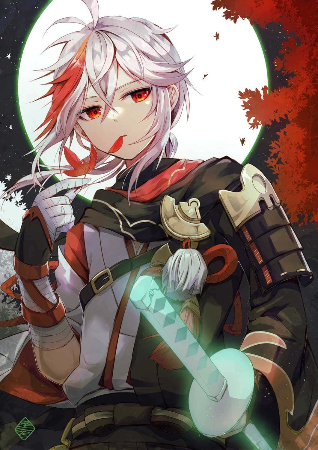 動漫武士在滿月和秋葉下握著發光的劍。