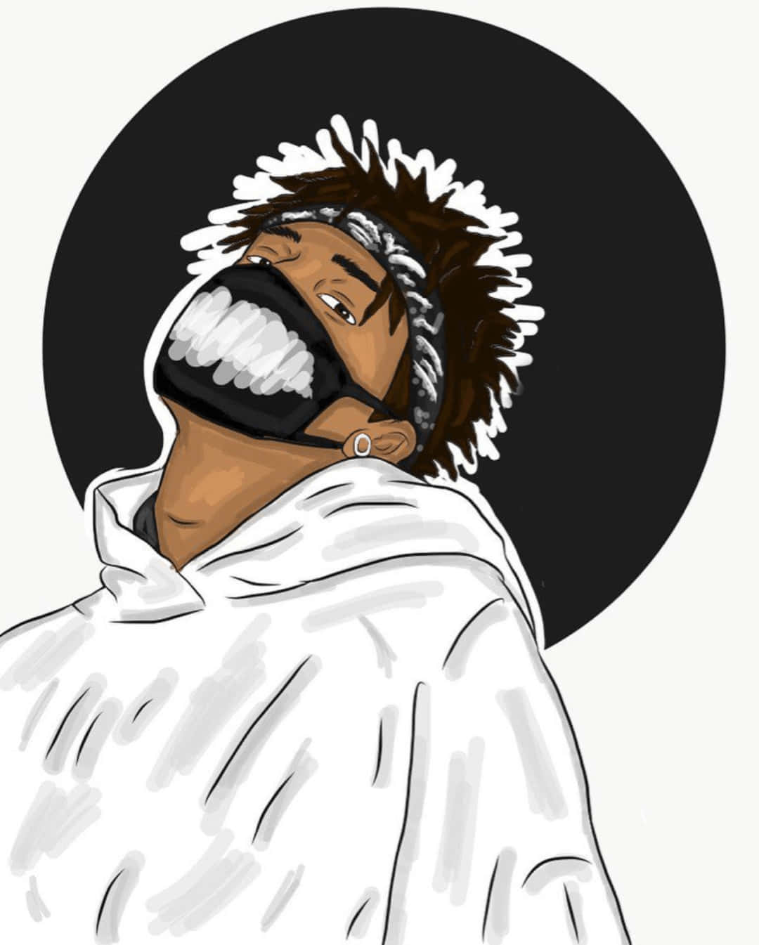 業界最酷饒舌歌手 壁紙 — 一個風格化插圖，描繪一個戴著黑色口罩、穿著白色連帽衫的人，背景為黑色圓形。