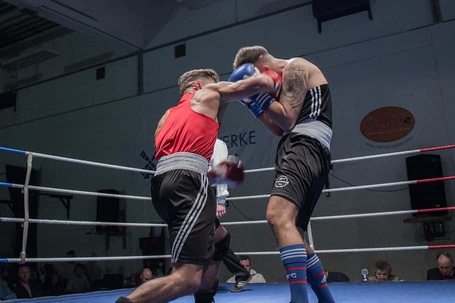 兩名男性拳擊手在擂台上於比賽中互相出拳。