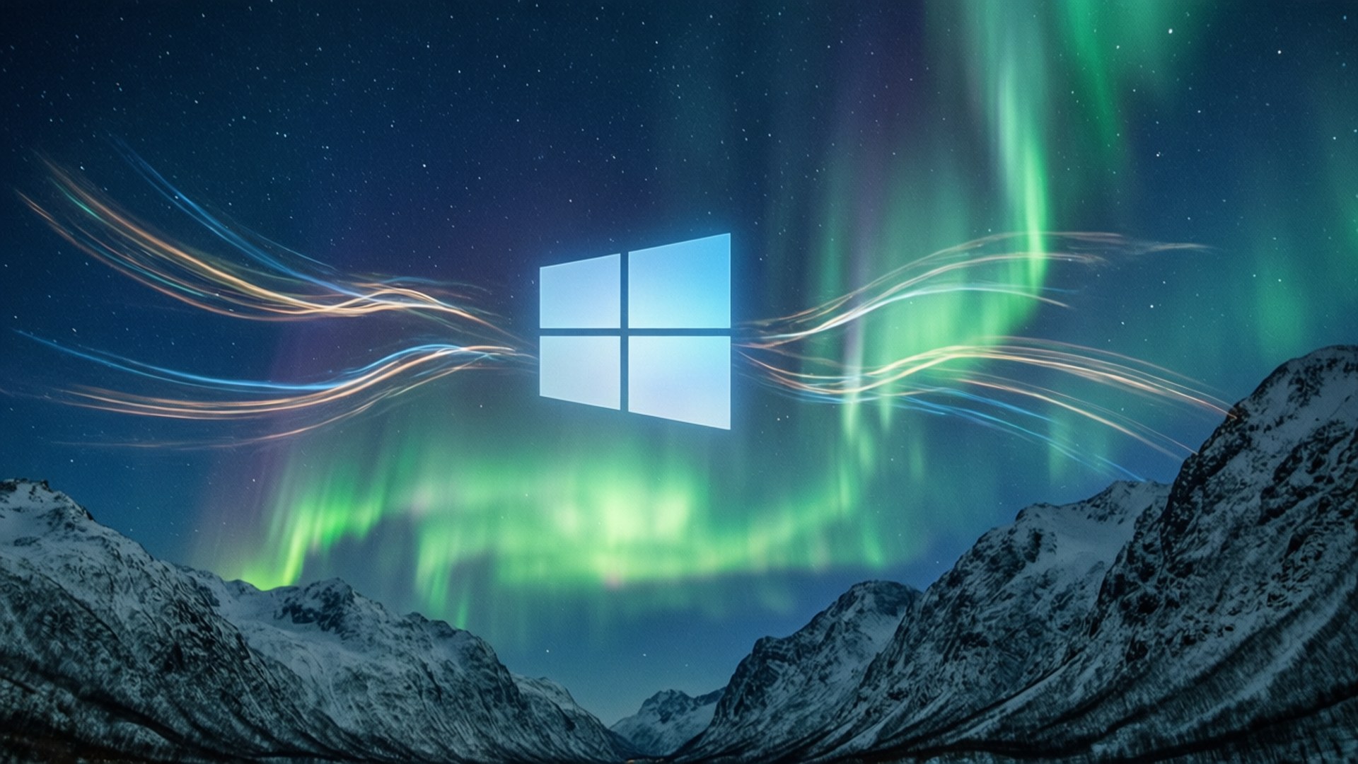 Windows 標誌在夜間雪山上空與北極光相映成輝。