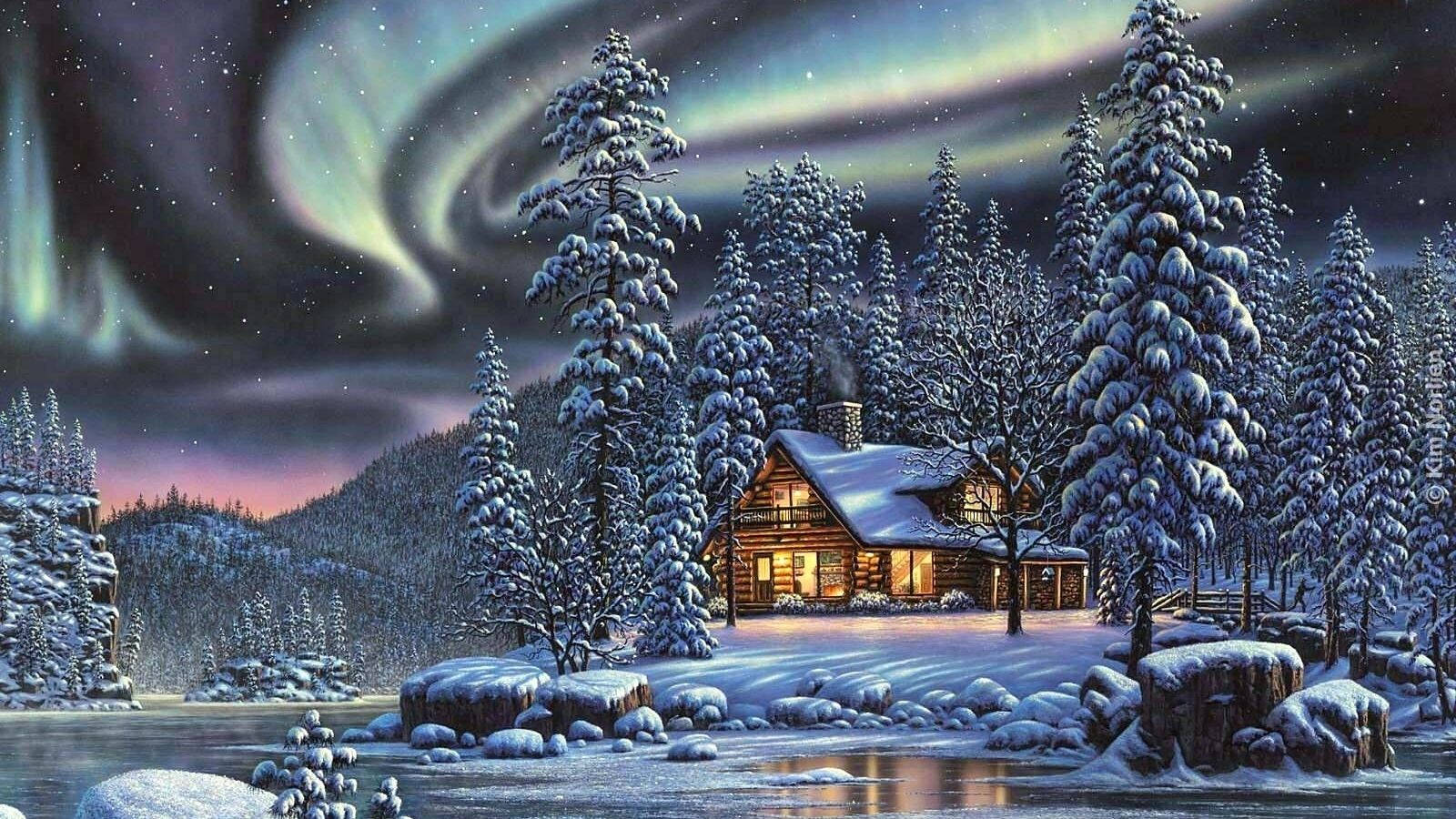 極光冬季風景 壁紙 — 在白雪覆蓋的冬季森林中，一間舒適的木屋在旋轉的北極光下溫暖地發光。