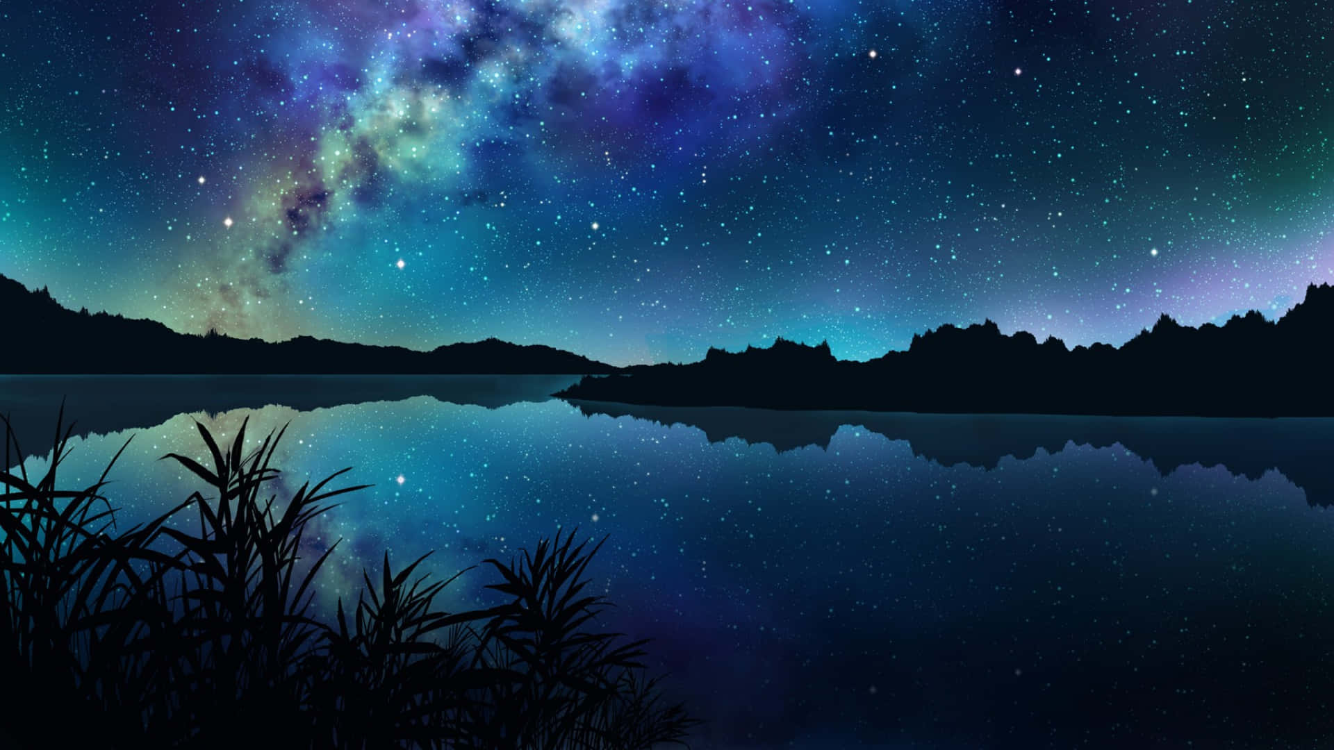 極光夜空下的河流攝影 壁紙 — 一個繁星點點的夜空，一條充滿活力的銀河拱跨在平靜的湖面上，反射出它的宇宙光芒和剪影山脈。