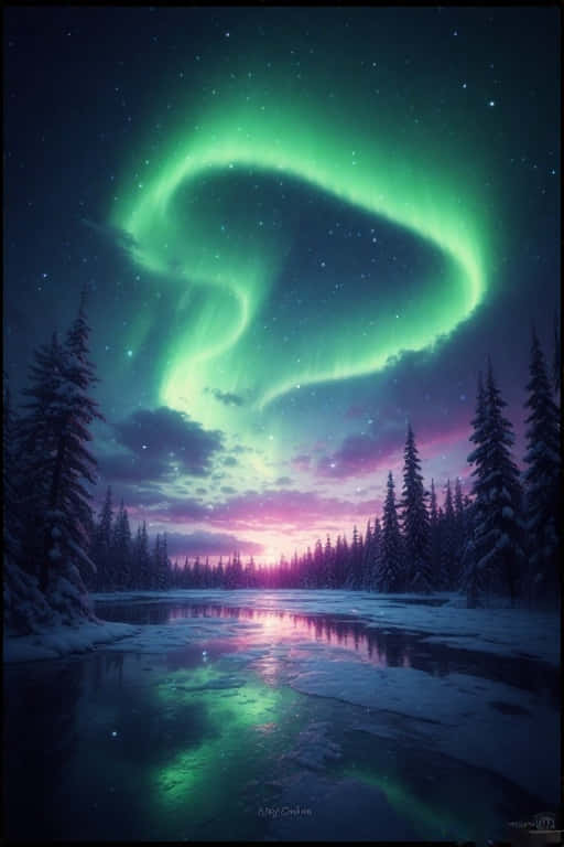 綠色北極光映照雪松林與冰封河流的夜景