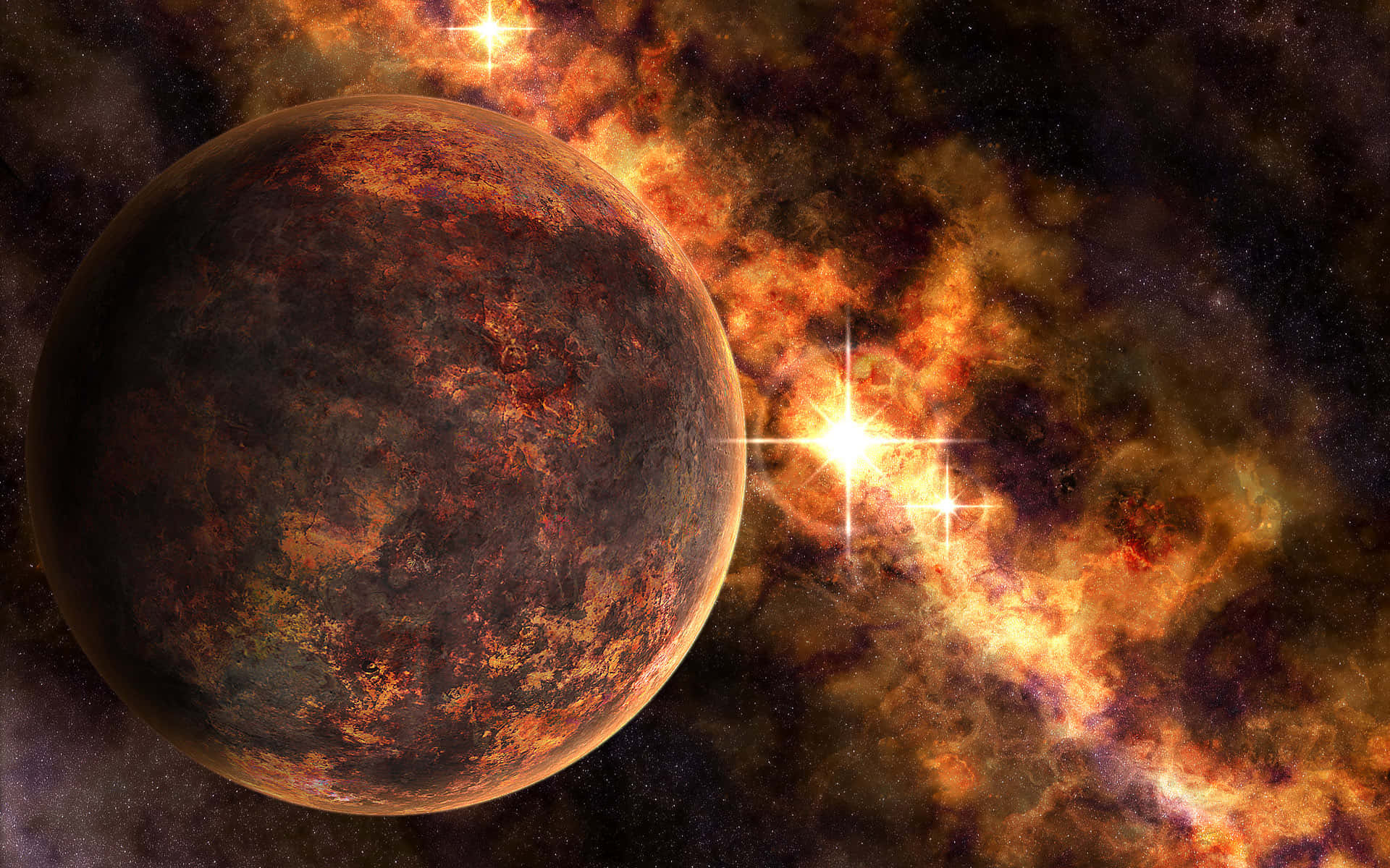 一顆鏽色的行星漂浮在充滿活力的宇宙星雲中，伴隨著明亮的恆星。