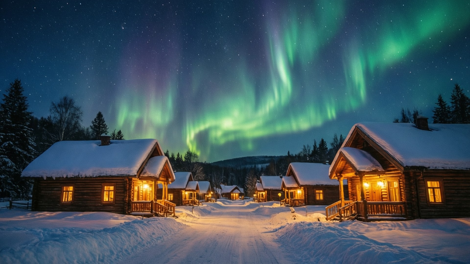 雪中小屋在夜間舞動的極光下溫暖地照亮。