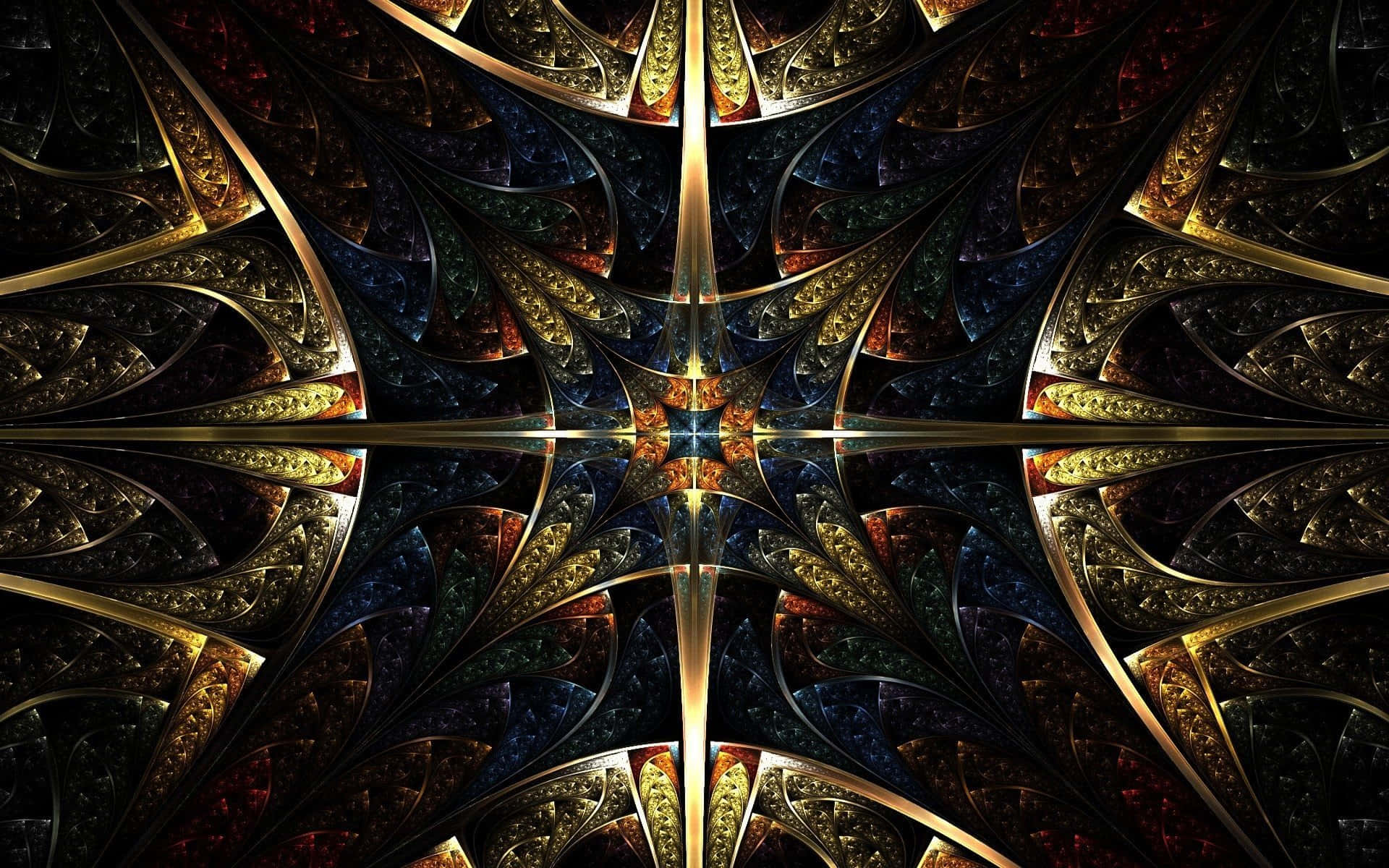 對稱的金色分形圖案，在深色背景上帶有複雜的金屬設計。