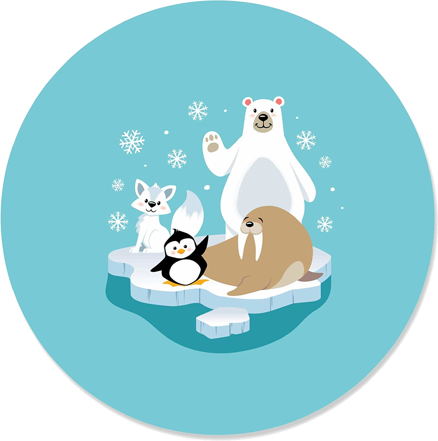 極地動物卡通插畫 壁紙 — 一隻開心的卡通北極熊喺雪白嘅冰塊上，喺海象、企鵝同北極狐旁邊揮手，周圍仲有飄落嘅雪花。