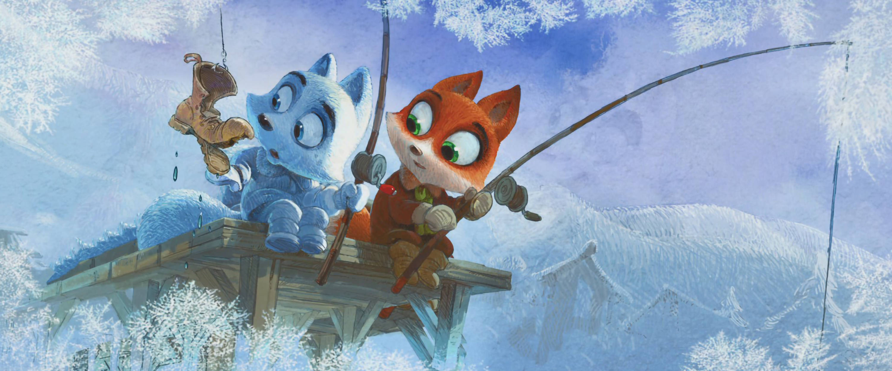 《極地正義》靴子釣魚 壁紙 — 兩隻動畫狐狸在雪白的碼頭上釣魚，天空冰藍，雪花飄落。