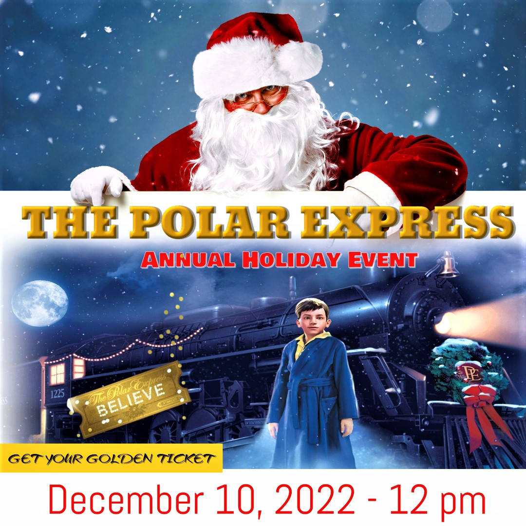 極地特快冒險旅程 壁紙 — 聖誕老人從一個宣傳The Polar Express節日活動的標誌上方窺視，一個穿著藍色長袍的男孩站在蒸汽火車旁邊，背景是雪夜月光。