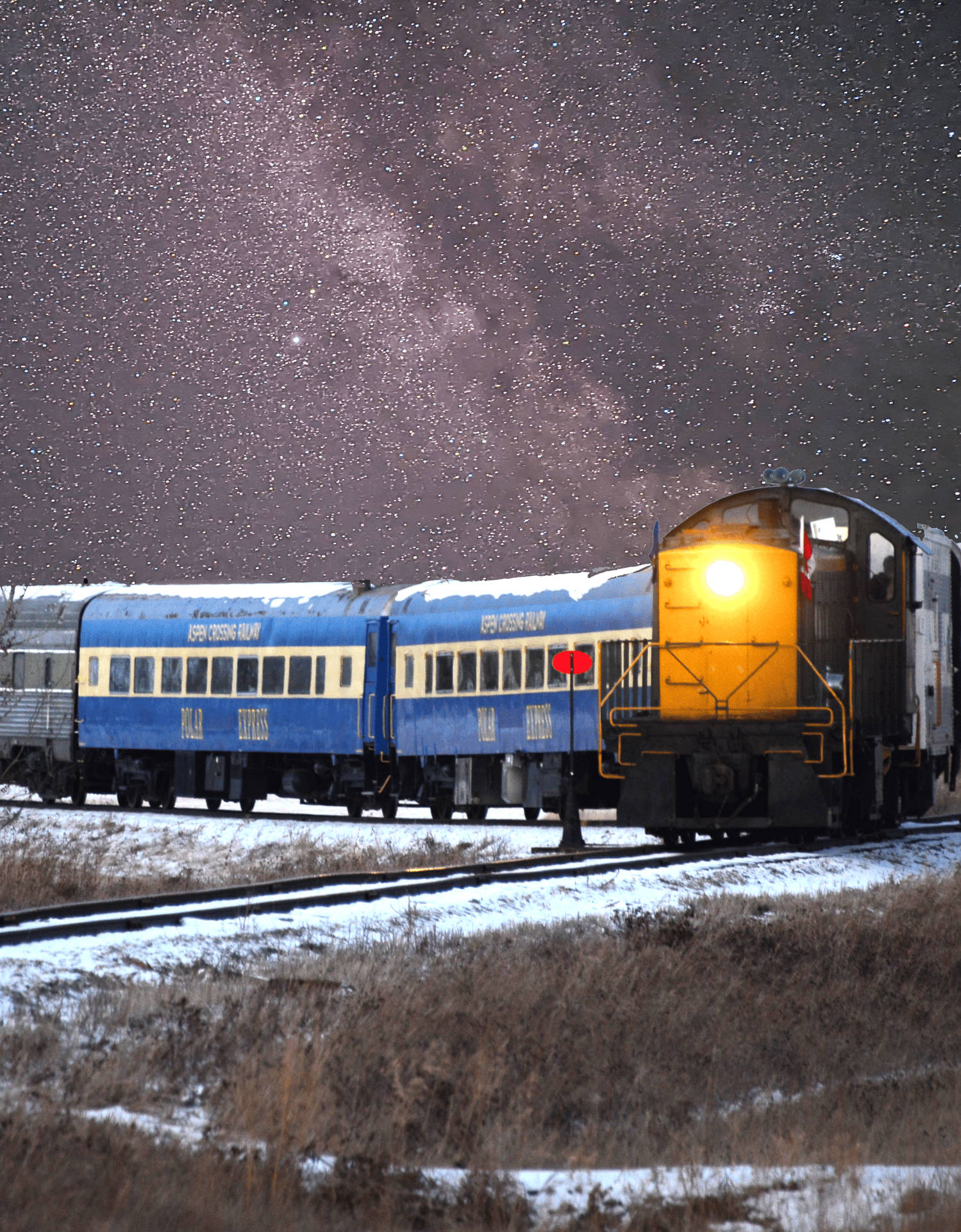 一列火車在星空夜空下穿越雪地田野。 — 寶麗來 GIF 壁紙