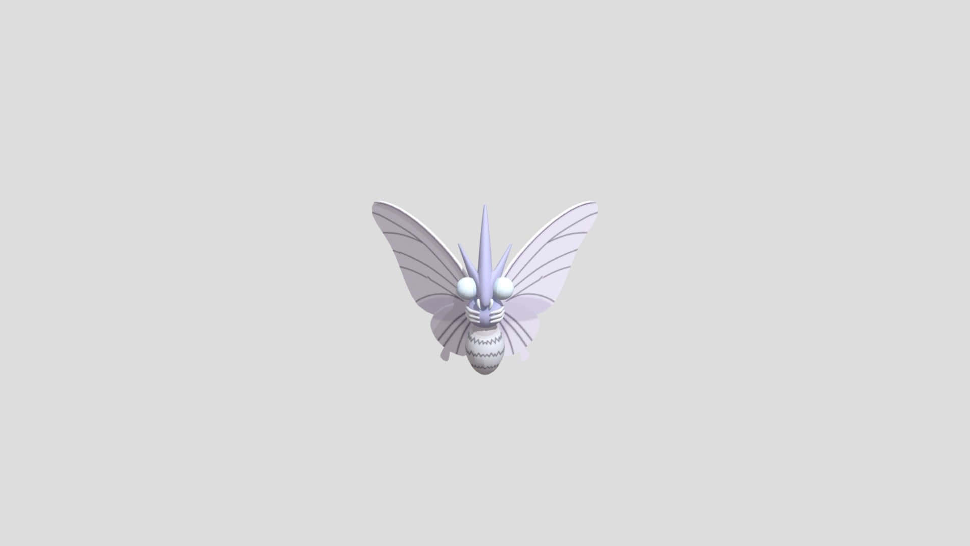 極簡 3D Venomoth 壁紙 — 一隻風格化的紫色飛蛾，有大眼睛和層疊翅膀，居中在純灰色背景上。