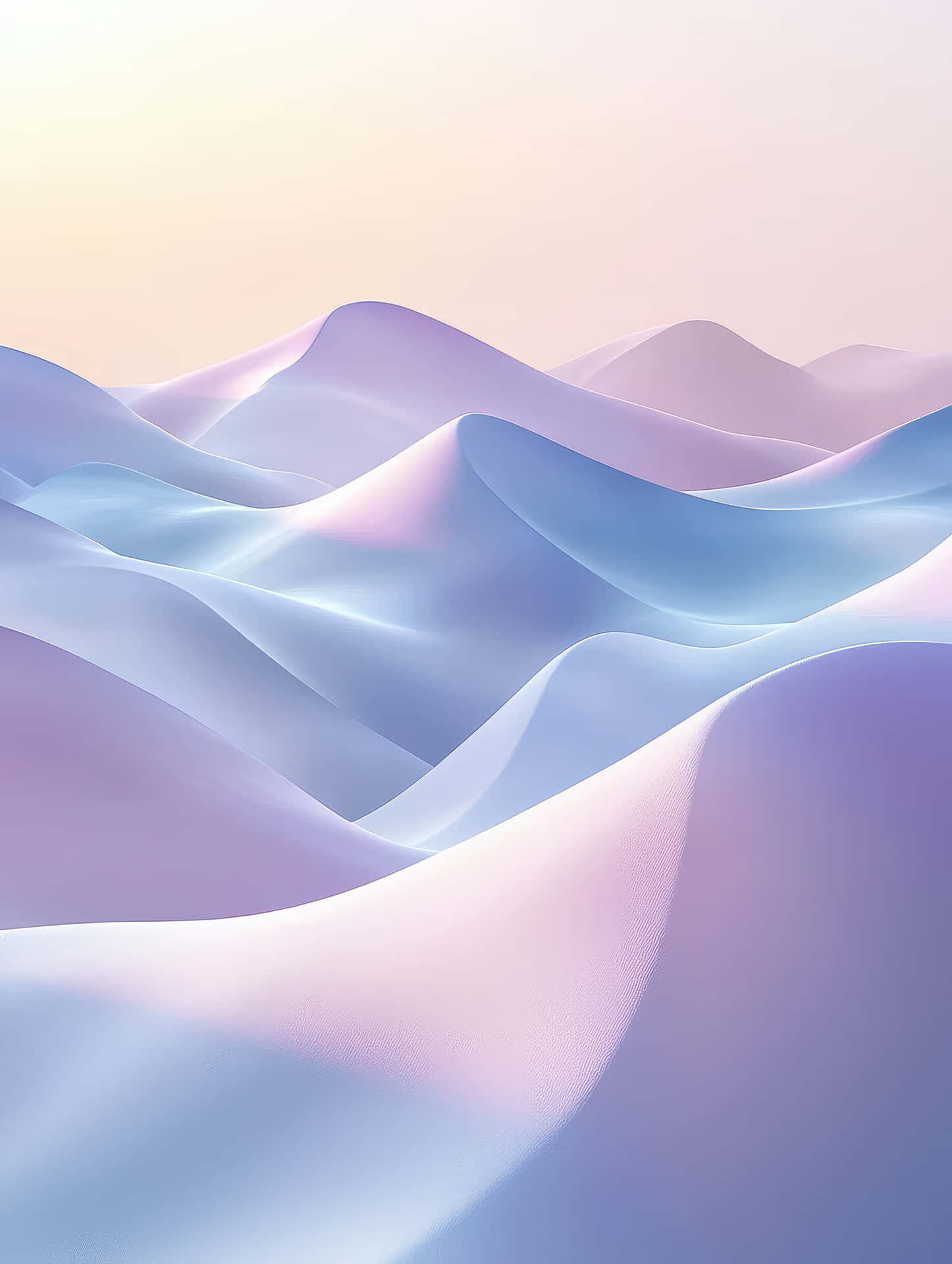 極簡 3D 景觀：柔和色調沙丘與柔光 壁紙 — 柔和的粉彩薰衣草和藍色布料波浪在溫暖的環境光下閃耀。