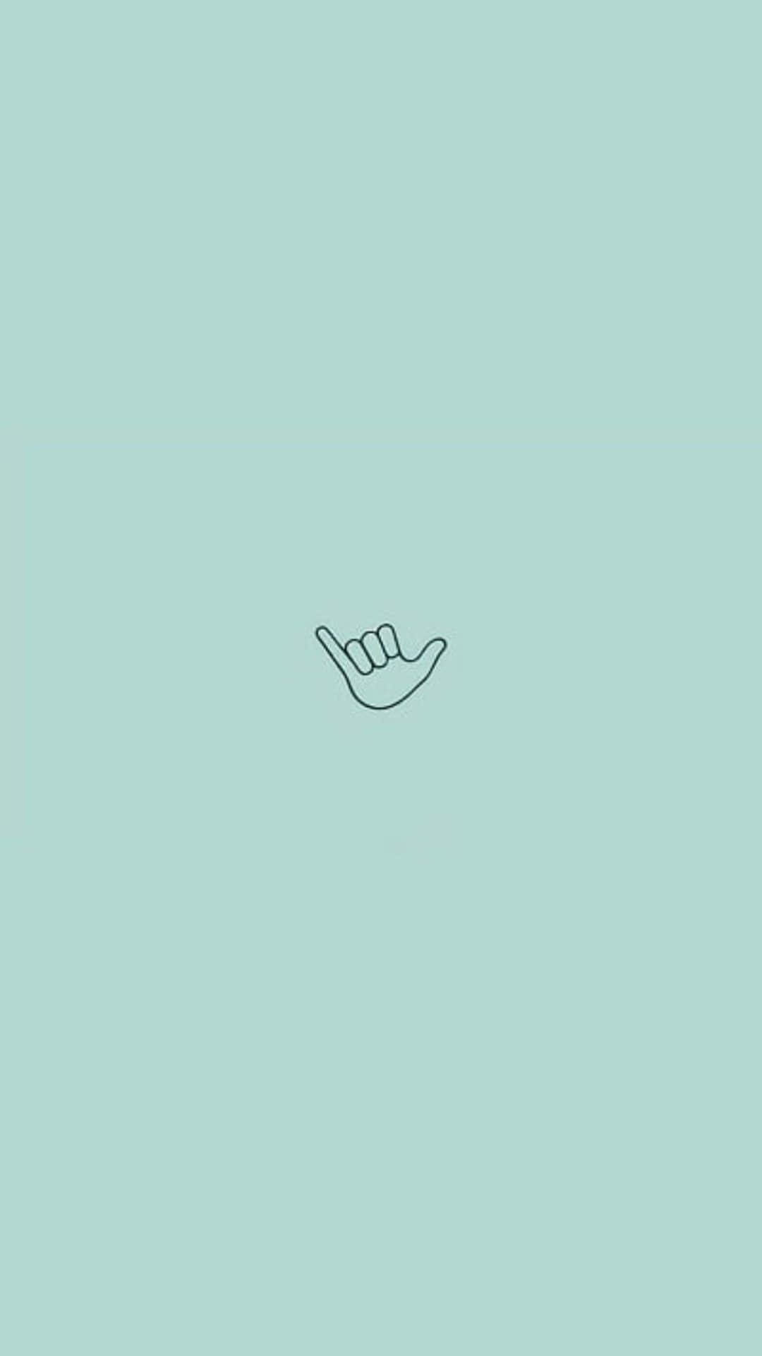 極簡「Hang Loose」手勢圖案可愛青綠色 iPhone 壁紙 — 一個以簡約線條繪製的沙卡手勢，居中於純薄荷綠背景上。