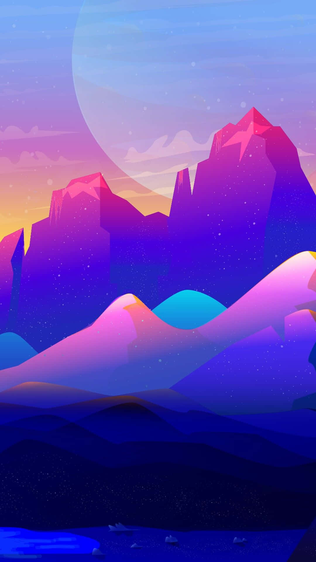 紫色和粉紅色的山脈，在發光的月亮和星空下。