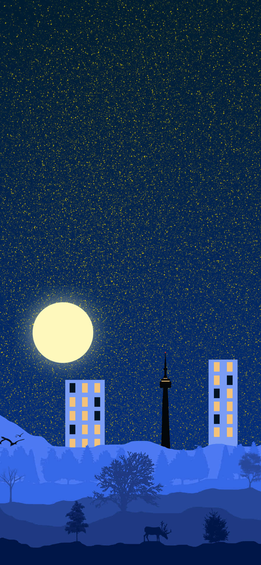 CN塔下的月亮星星和鹿剪影夜景