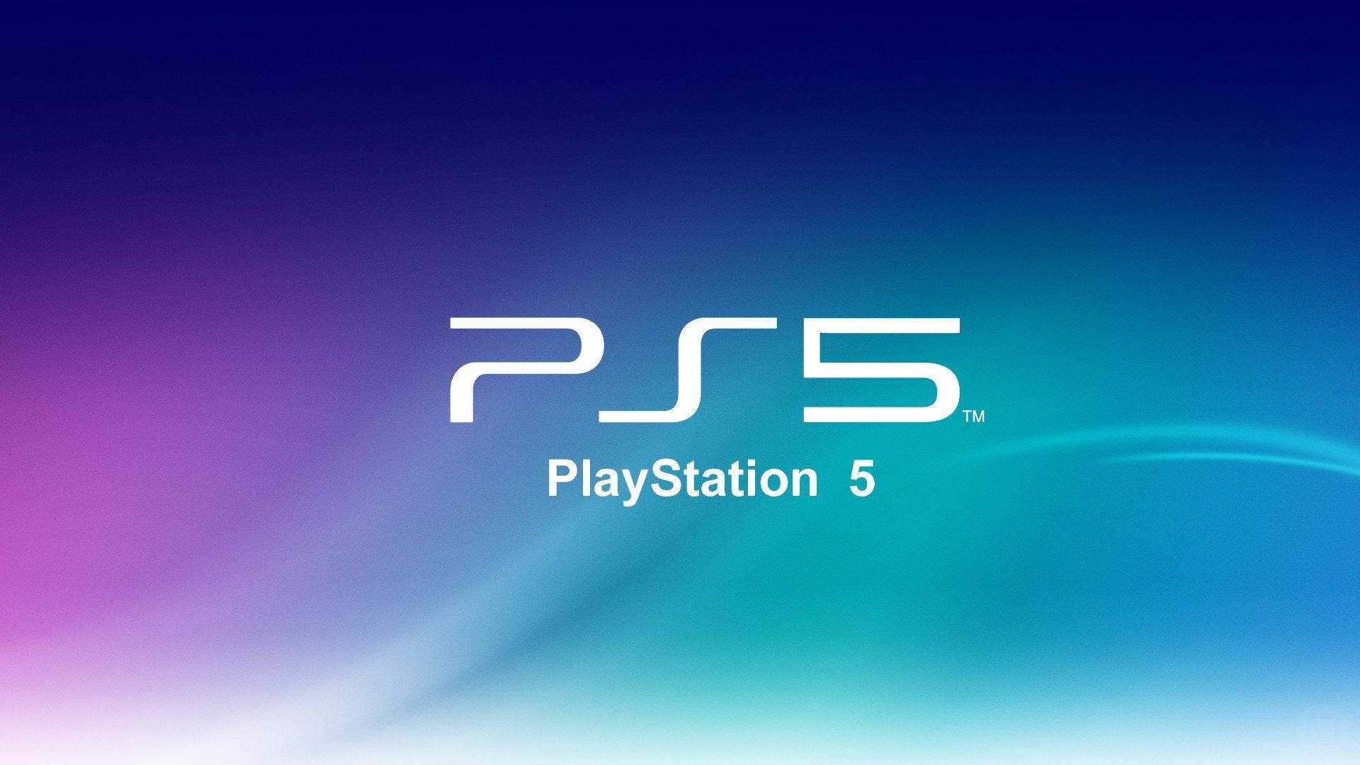 極簡 PS5 海報 壁紙 — PlayStation 5 標誌以白色文字居中顯示在紫色、藍色和藍綠色的漸變背景上。