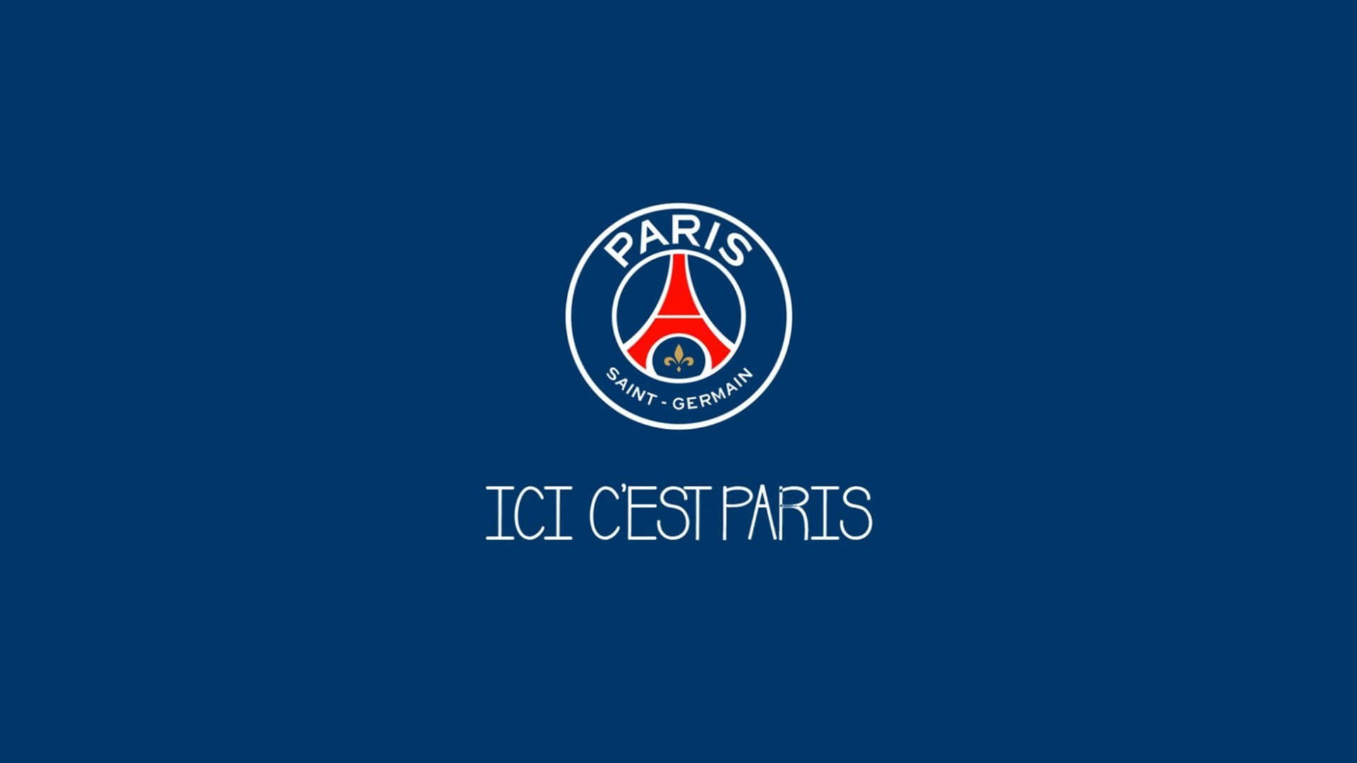 巴黎聖日耳曼足球會標誌在藍色背景上，附有標語 ICI CEST PARIS。