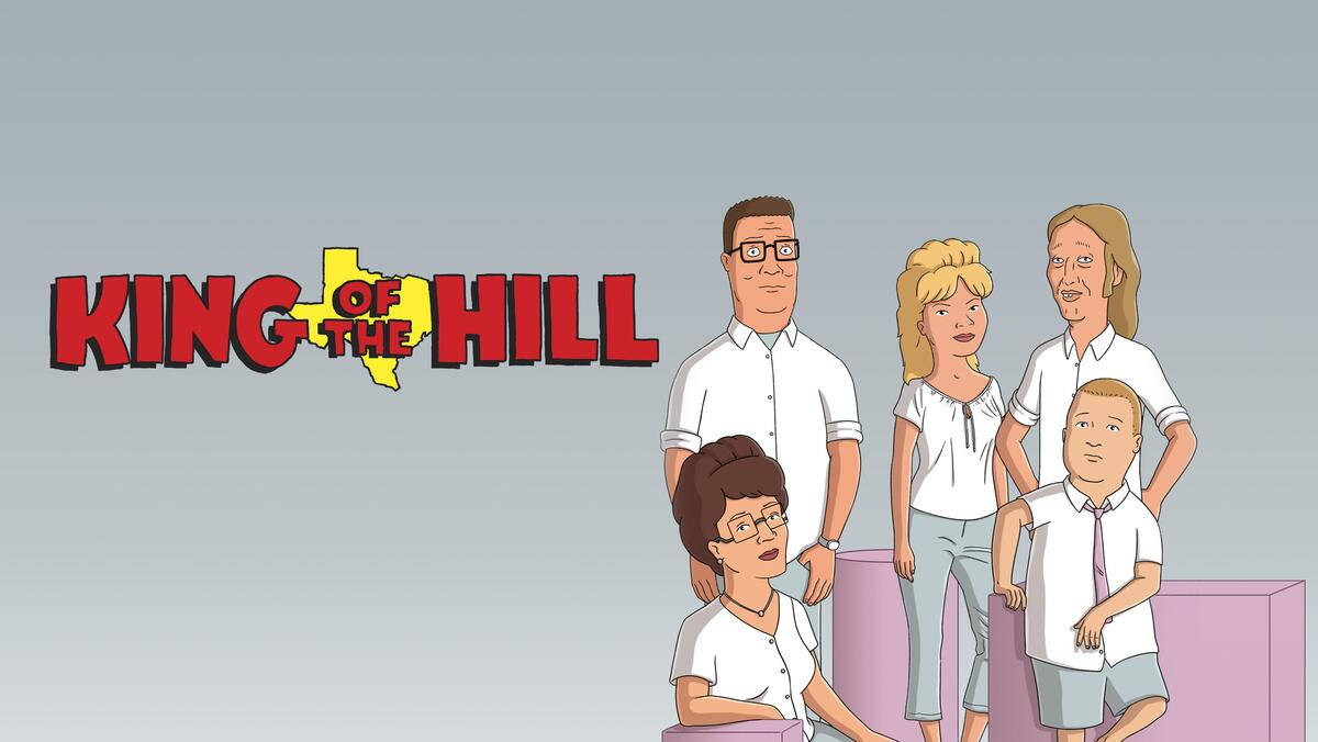 極簡《王國》家庭肖像 壁紙 — 《King of the Hill》嘅卡通家庭企喺粉紅色方塊上，背景係純灰色。
