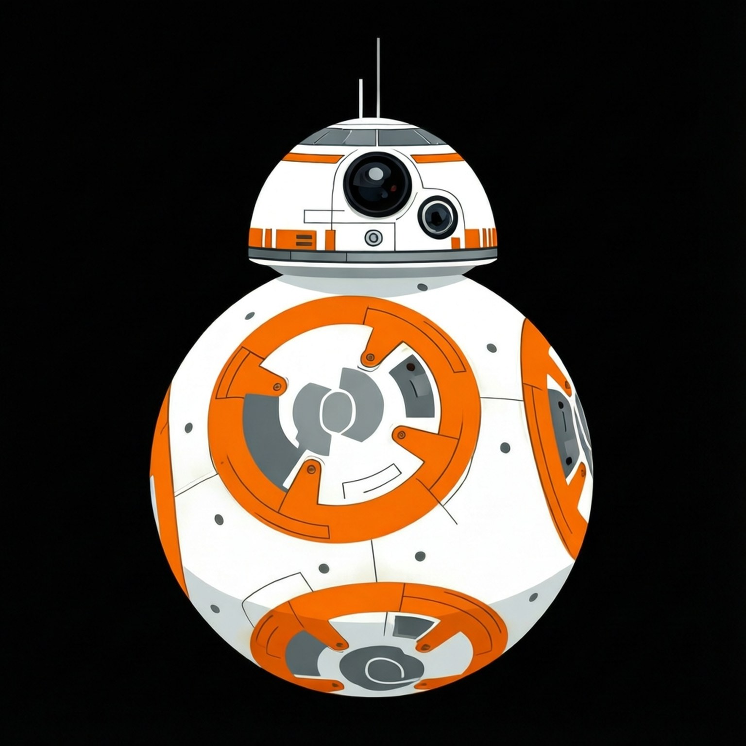 極簡BB-8 壁紙 — 一個白色和橙色的球形機械人，帶有圓頂頭部和相機鏡頭，站在黑色背景前。