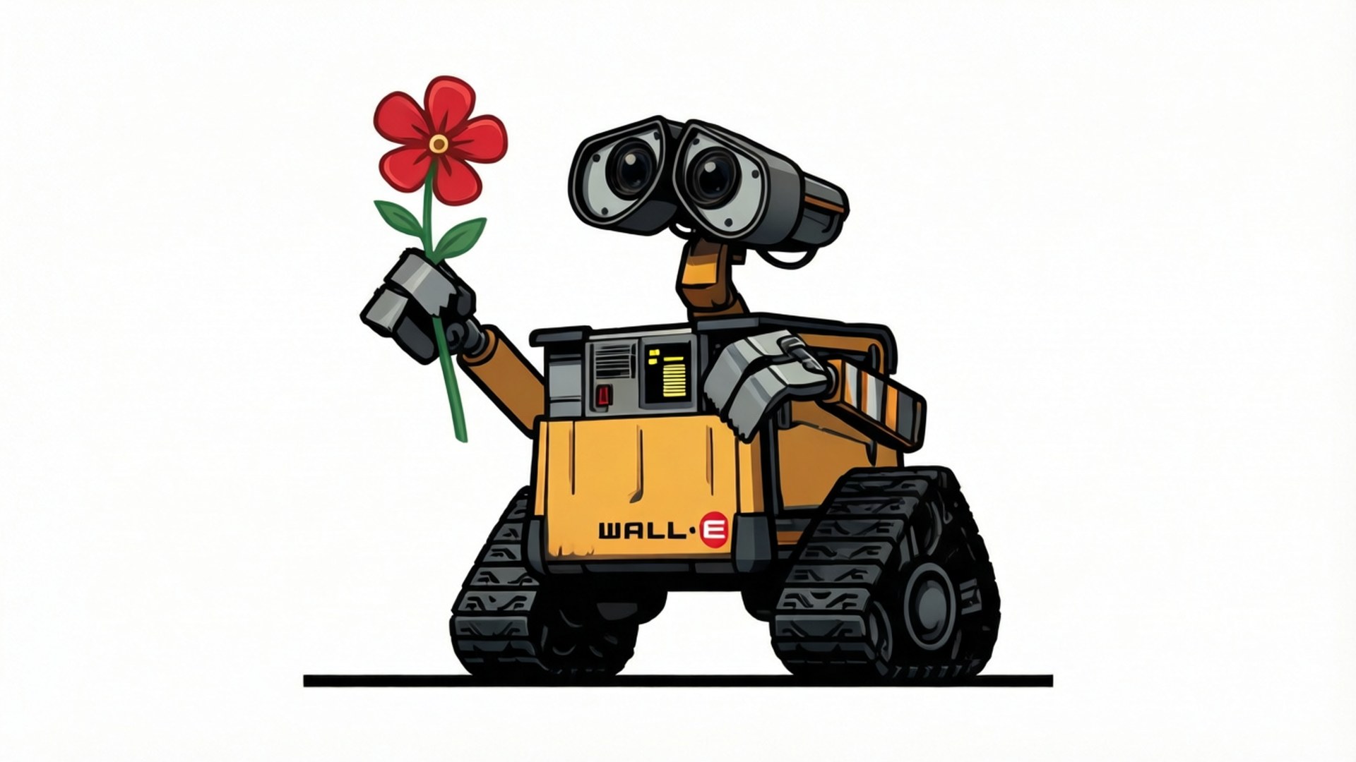 WALL-E 機械人手持一朵帶綠色莖嘅紅色花。