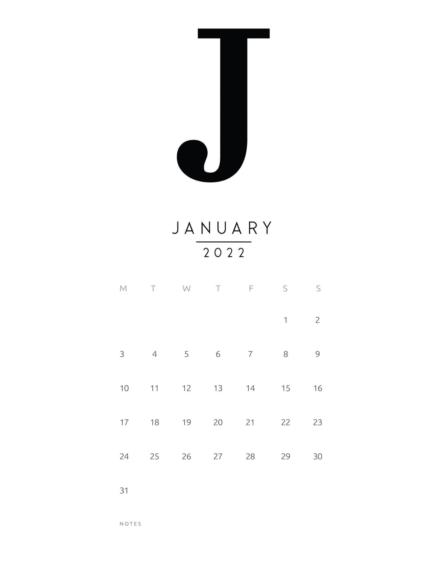 2022年1月日曆，帶有大型J和網格佈局