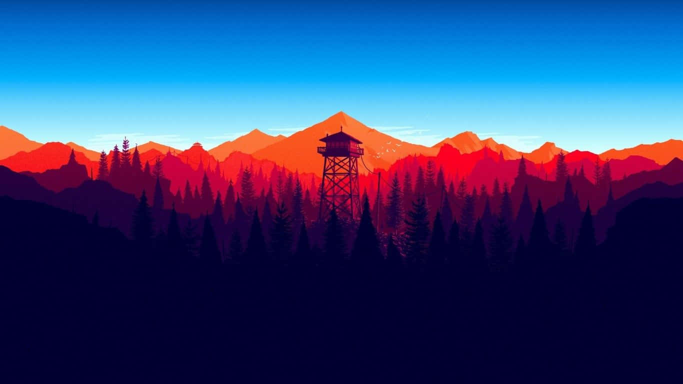 極簡主義 1366x768 圖形 壁紙 — 一座消防瞭望塔在深藍色天空下，以夕陽中火紅色的山脈為背景，呈現剪影。