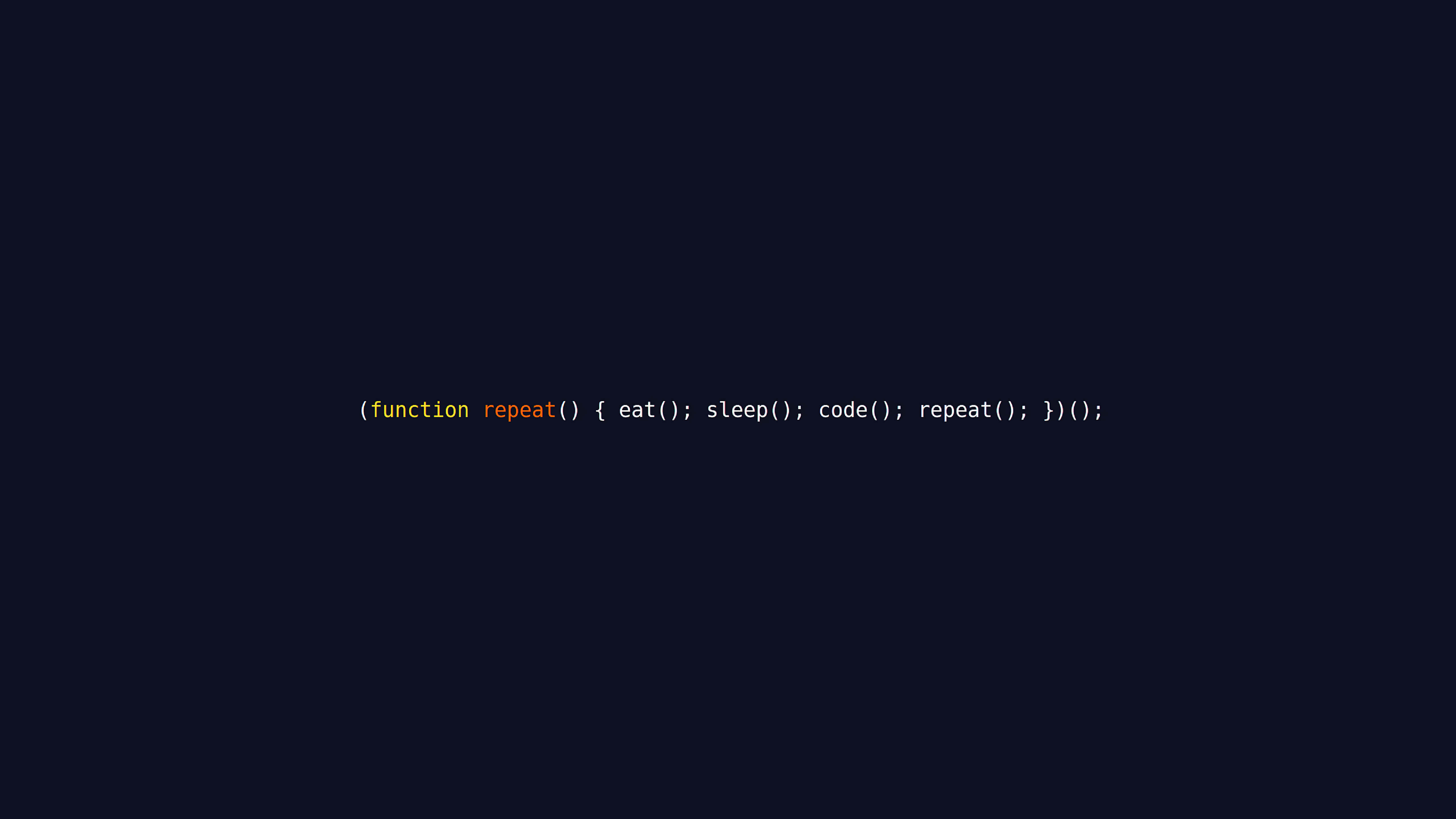 極簡主義 Eat Sleep Code 壁紙 — 一個黑暗的螢幕顯示一個色彩繽紛的遞歸JavaScript函數，無休止地重複吃飯睡覺和編碼。