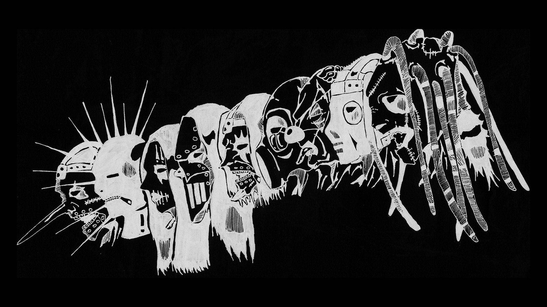 極簡主義 Slipknot 成員藝術 壁紙 — 一幅鮮明的黑白線條藝術插圖，描繪一隻怪誕的毛毛蟲，帶有怪異、尖叫的臉孔和多刺的肢體。