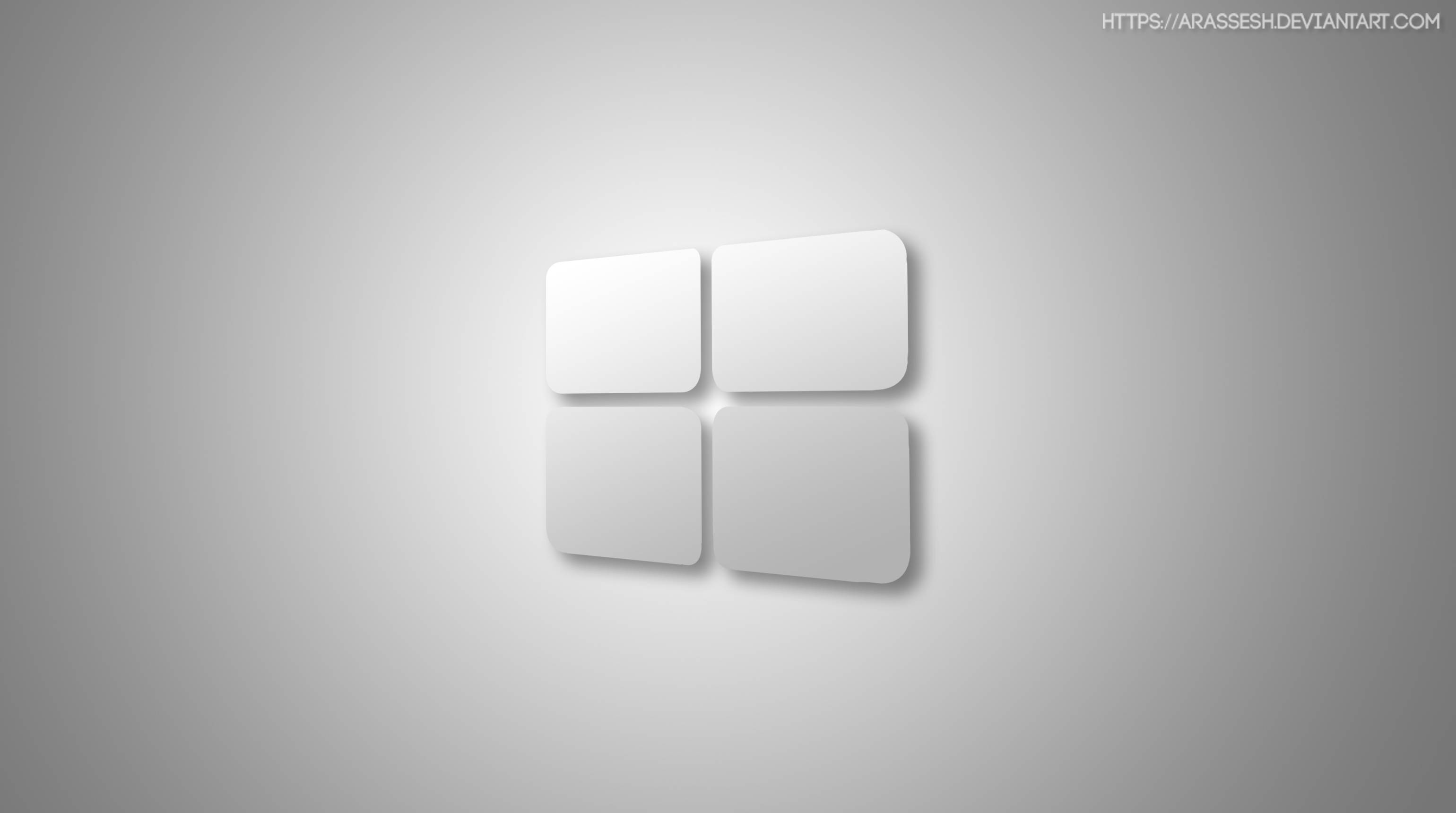 極簡主義 Windows 10 高畫質灰色標誌 壁紙 — 簡約白色Windows標誌，帶柔和陰影，居中於漸變灰色背景上。