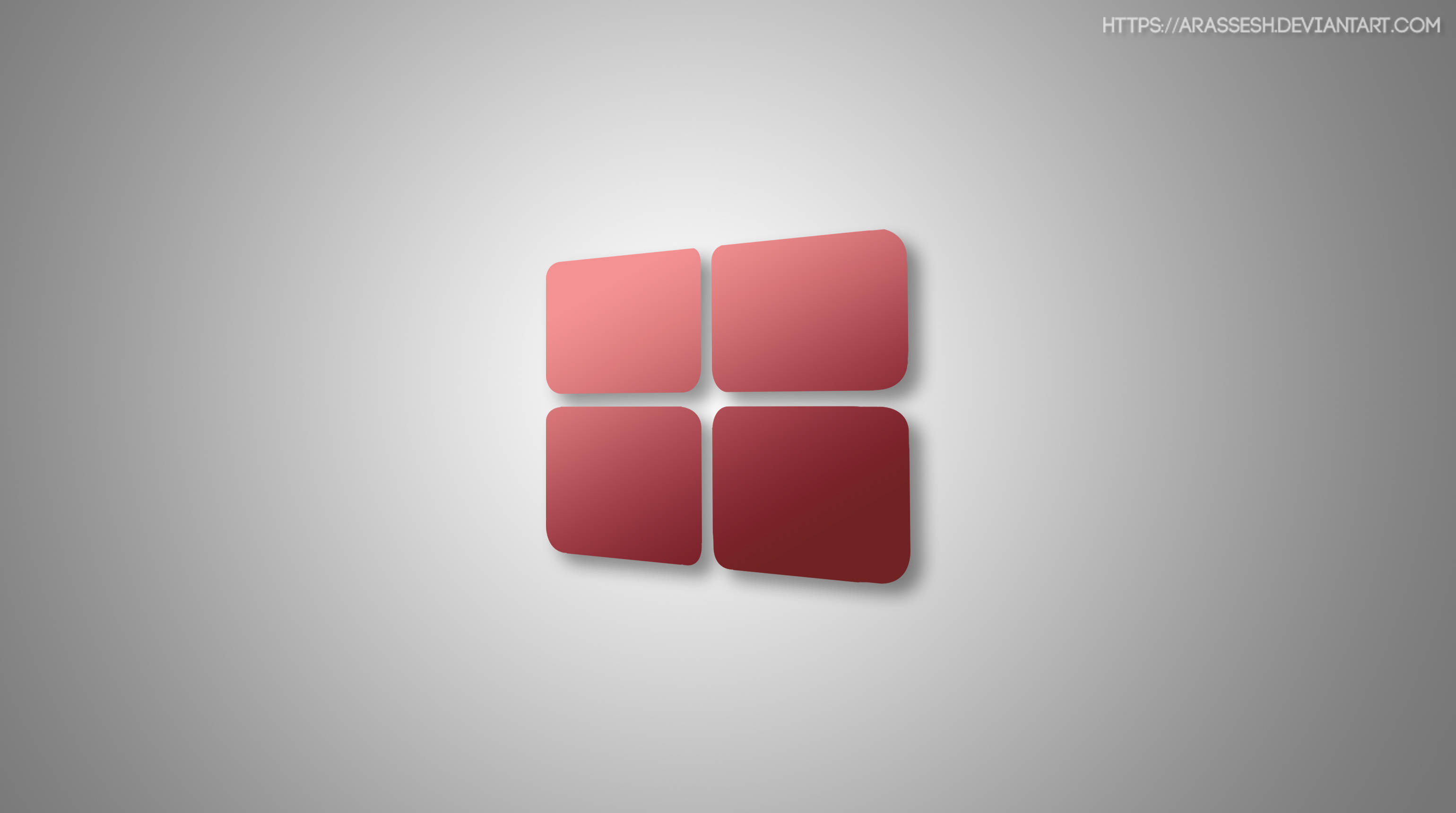 極簡主義 Windows 10 高畫質紅色標誌 壁紙 — 四個圓角紅色正方形以窗戶圖案排列，在漸變灰色背景上帶有柔和陰影。