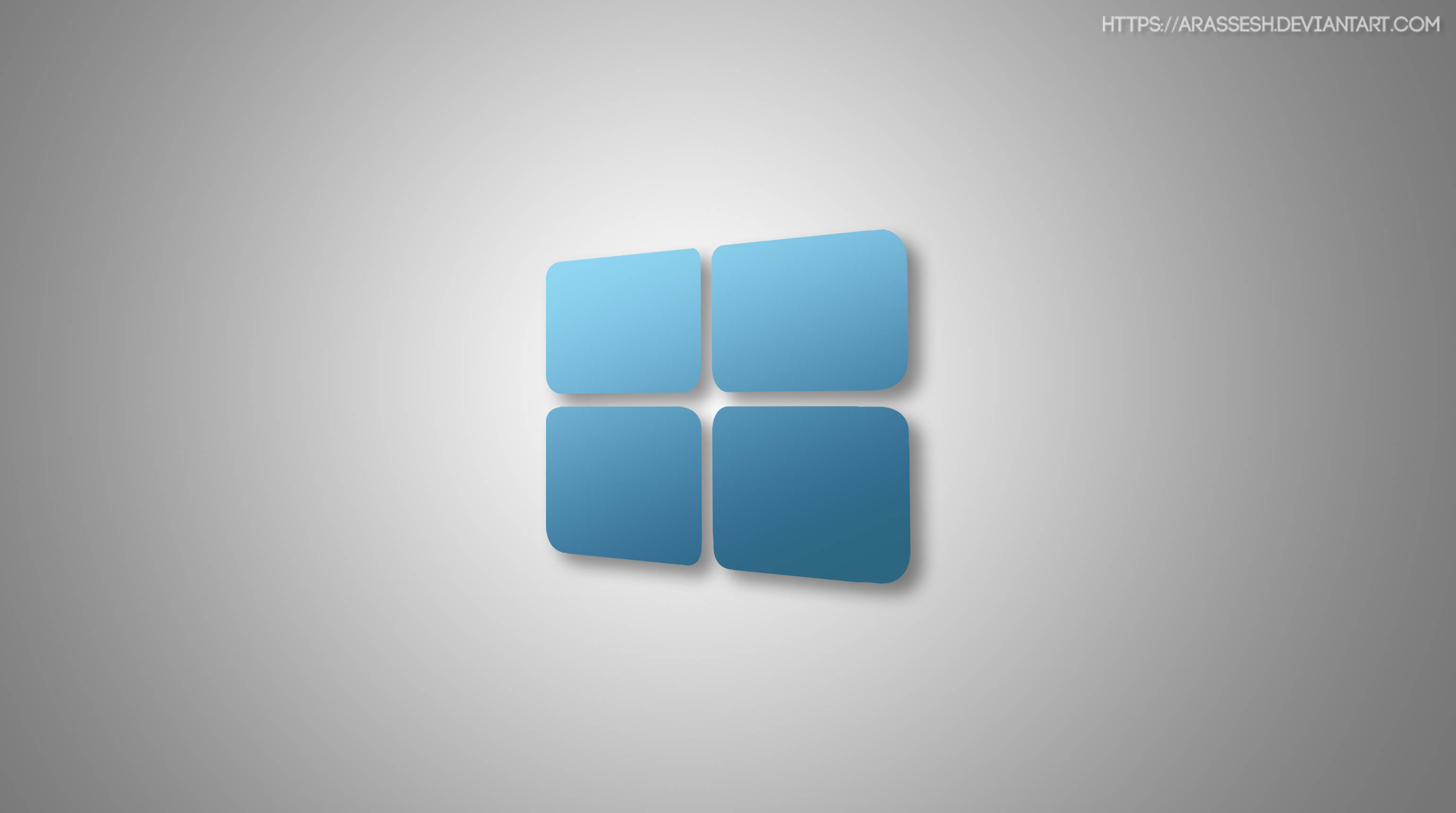 極簡主義 Windows 10 高畫質藍色標誌 壁紙 — 四個藍色漸變正方形排列成視窗標誌，背景為柔和的灰色漸變。
