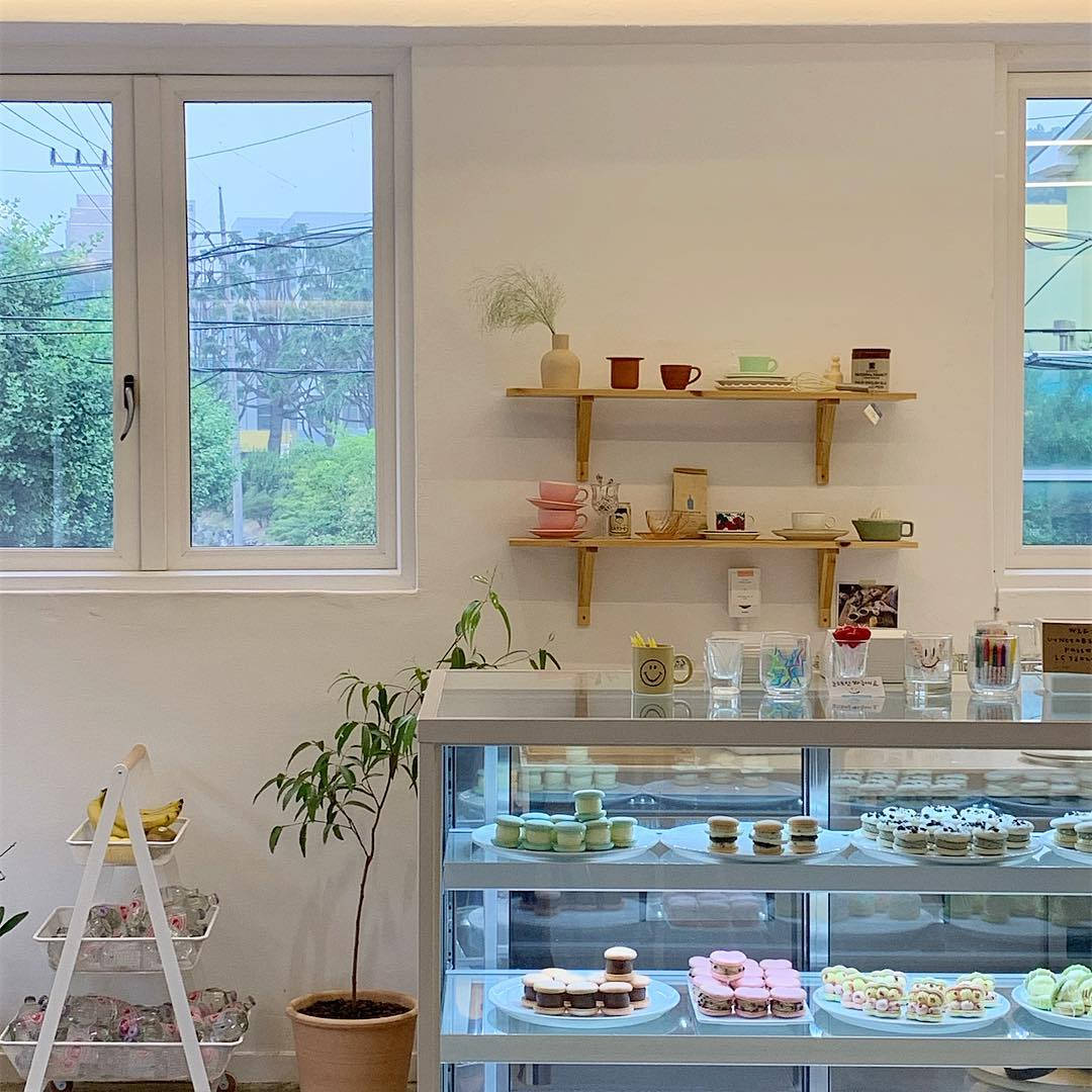 極簡主義咖啡廳吧檯 壁紙 — 明亮的咖啡館內部，玻璃陳列櫃中展示著粉彩馬卡龍，木架上擺放著彩色杯子和植物。