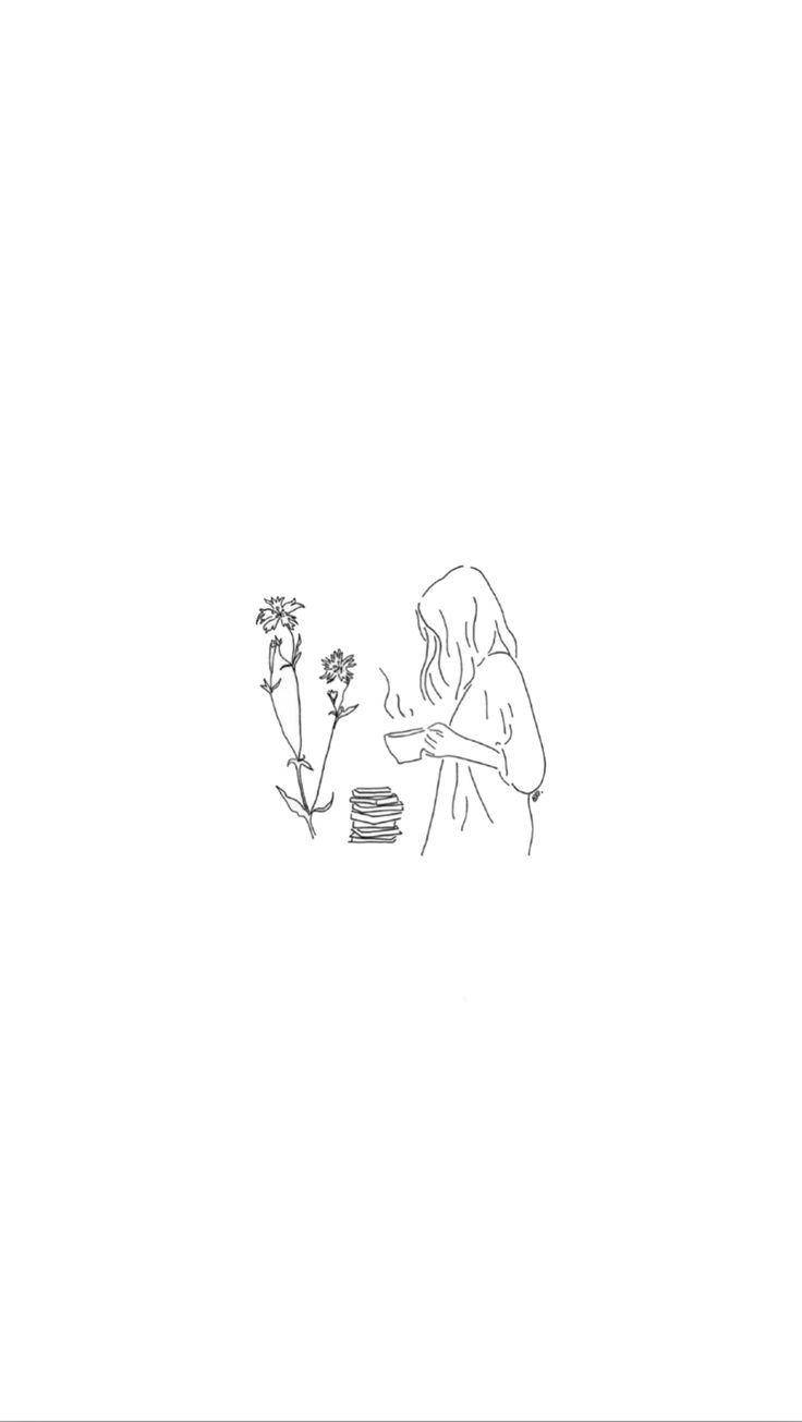 極簡主義女子持咖啡杯 壁紙 — 一幅極簡線條畫描繪了一個長髮的人拿著一杯冒熱氣的咖啡，旁邊有一棵高大的開花植物和一疊書。
