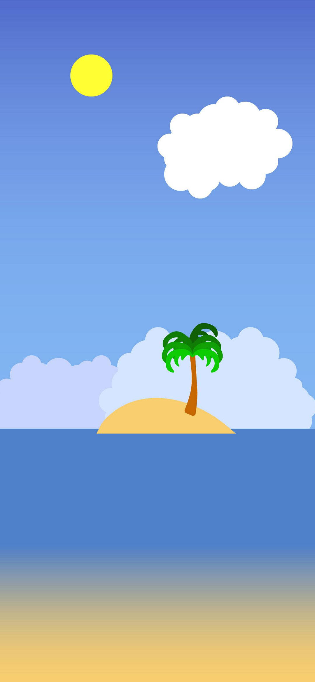 極簡主義島嶼 壁紙 — 一棵孤獨的棕櫚樹站在沙島上，頭頂是明亮的太陽和蓬鬆的雲朵。