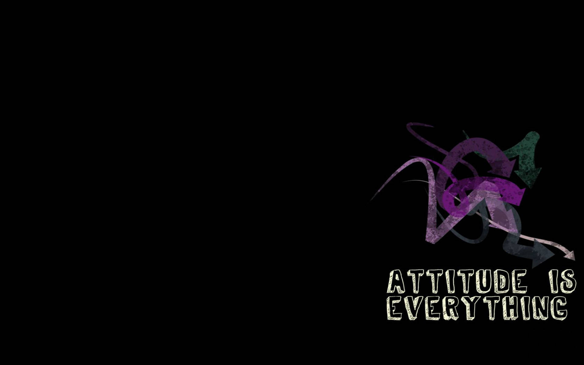 黑色背景上帶有態度「attitude is everything」文字的抽象紫色綠色漩渦