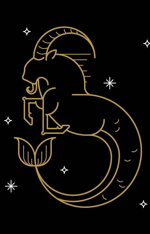 金色線條繪畫的公羊，帶有魚尾，被星星環繞在黑色背景上