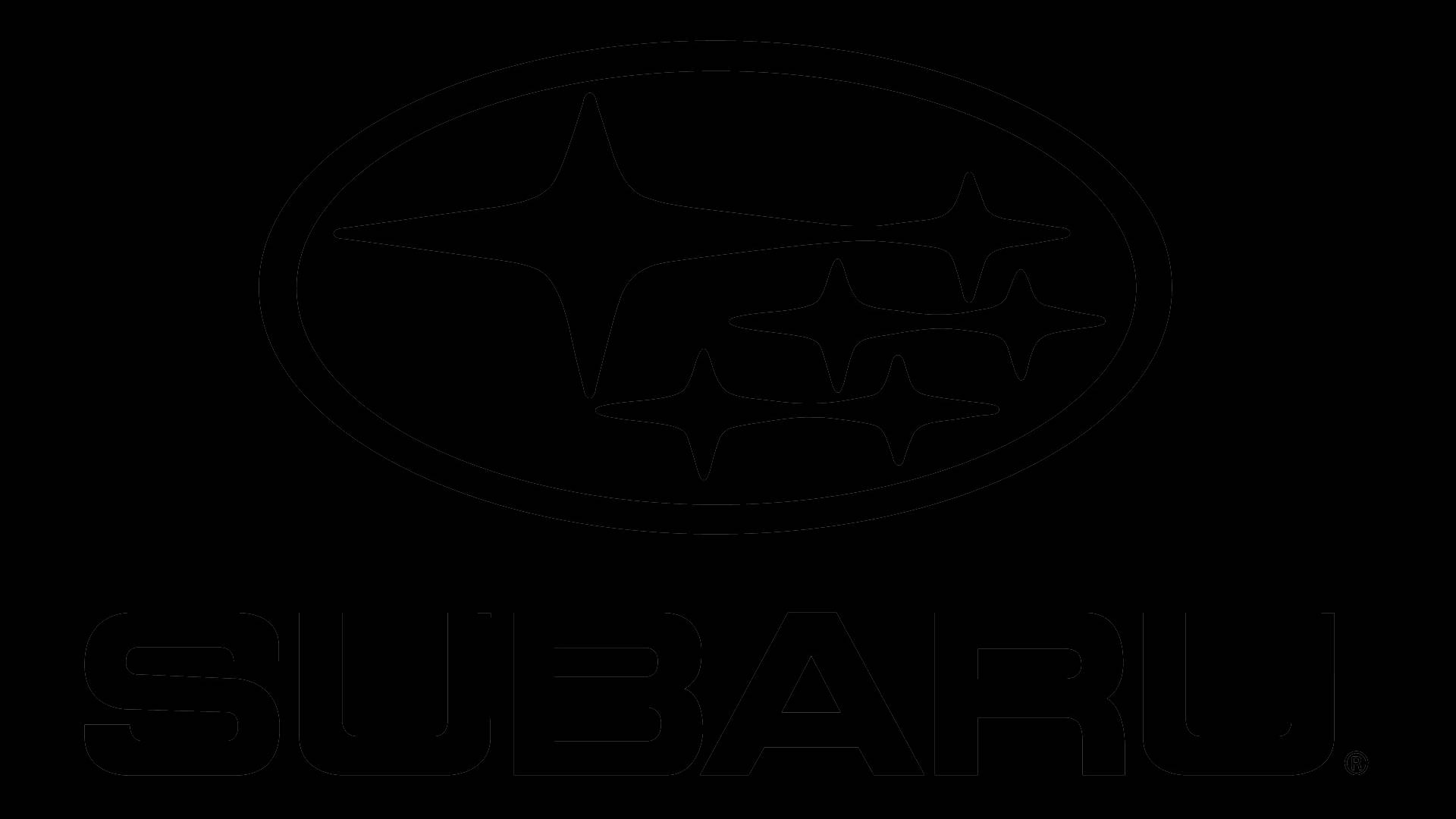 極簡主義斯巴魯標誌 壁紙 — Subaru 標誌，橢圓形內有五顆星，以淡白色勾勒，背景為純黑色。