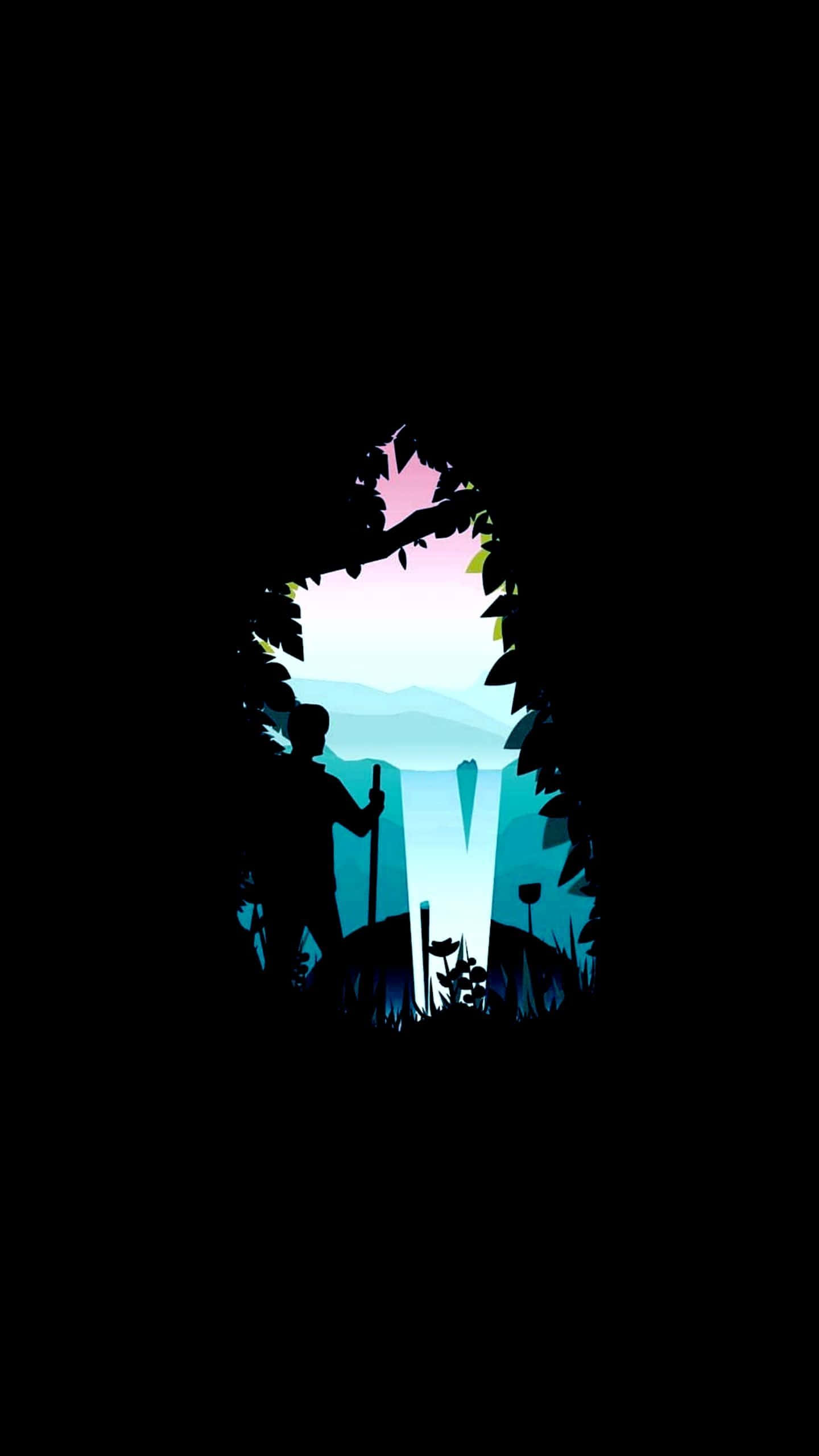 極簡主義最佳 AMOLED 壁紙 — 一個孤獨的遠足者站在樹葉構成的框架中，以剪影形式凝視著暮色中發光的藍色山谷。
