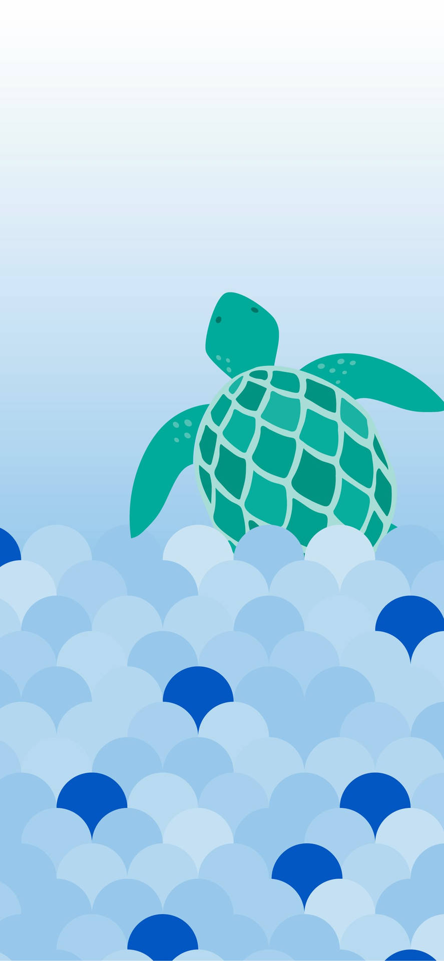 綠色海龜游過藍色扇貝波浪