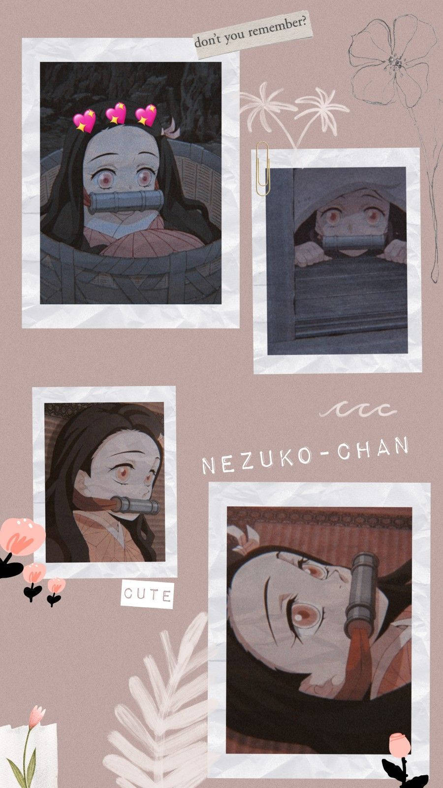 Nezuko-chan 動漫角色拼貼，戴著竹製口枷和粉紅色心形髮夾。