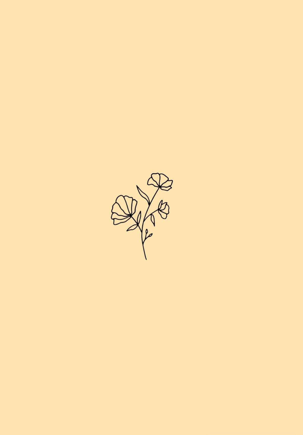 極簡主義花卉圖案藝術 壁紙 — 一幅極簡黑色線條畫，描繪一枝精緻的花枝，上有三朵花，置於柔和的米色背景中央。